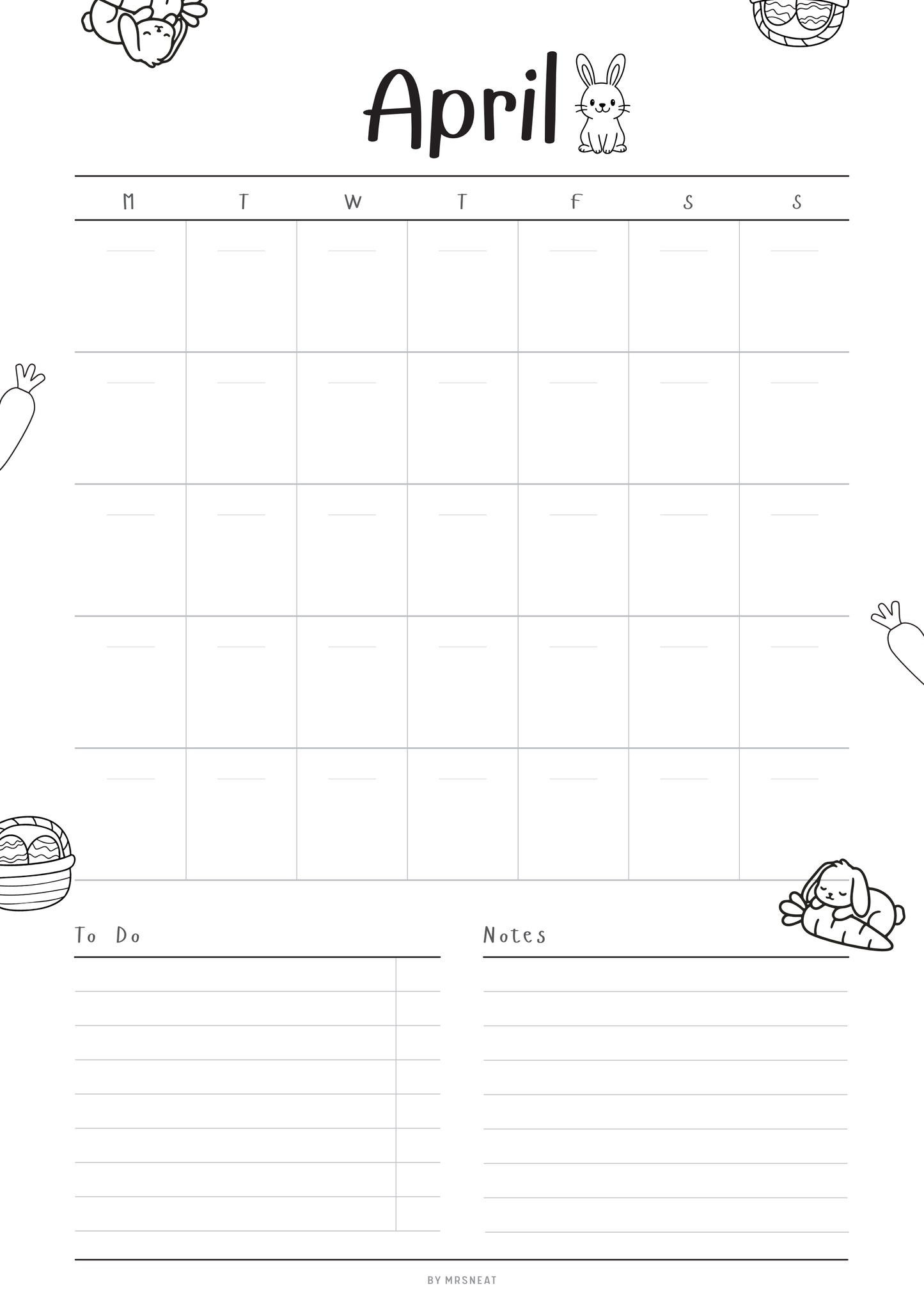 April calendar page with grid, notes, and Easter-themed illustrations.