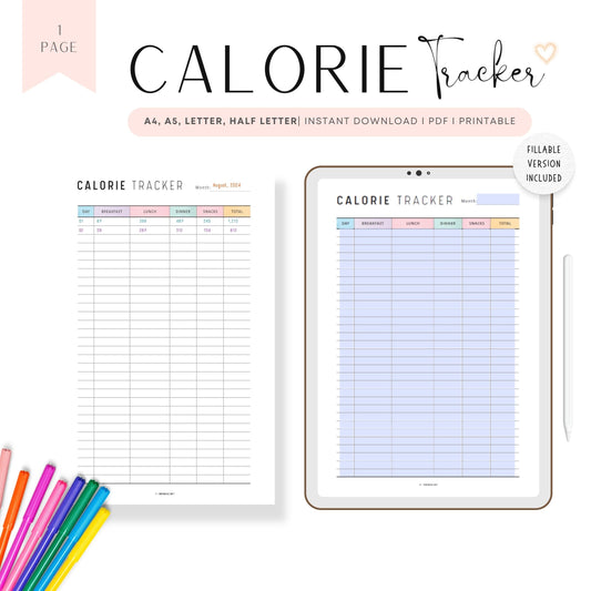 Food Calorie Tracker Printable, Digital Calorie Counter Tracker, Fillable Daily Food Journal, A4, A5, Letter, Half Letter, Colorful Planner