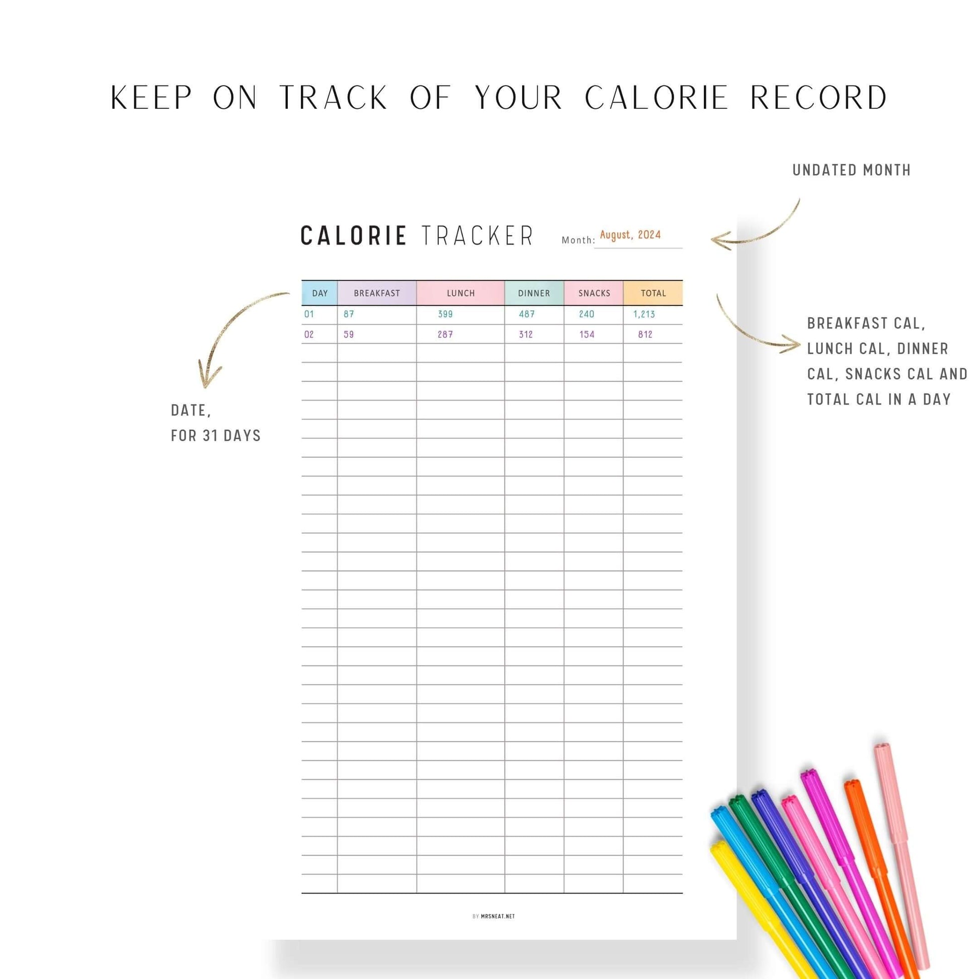 Food Calorie Tracker Printable, Digital Calorie Counter Tracker, Fillable Daily Food Journal, A4, A5, Letter, Half Letter, Colorful Planner