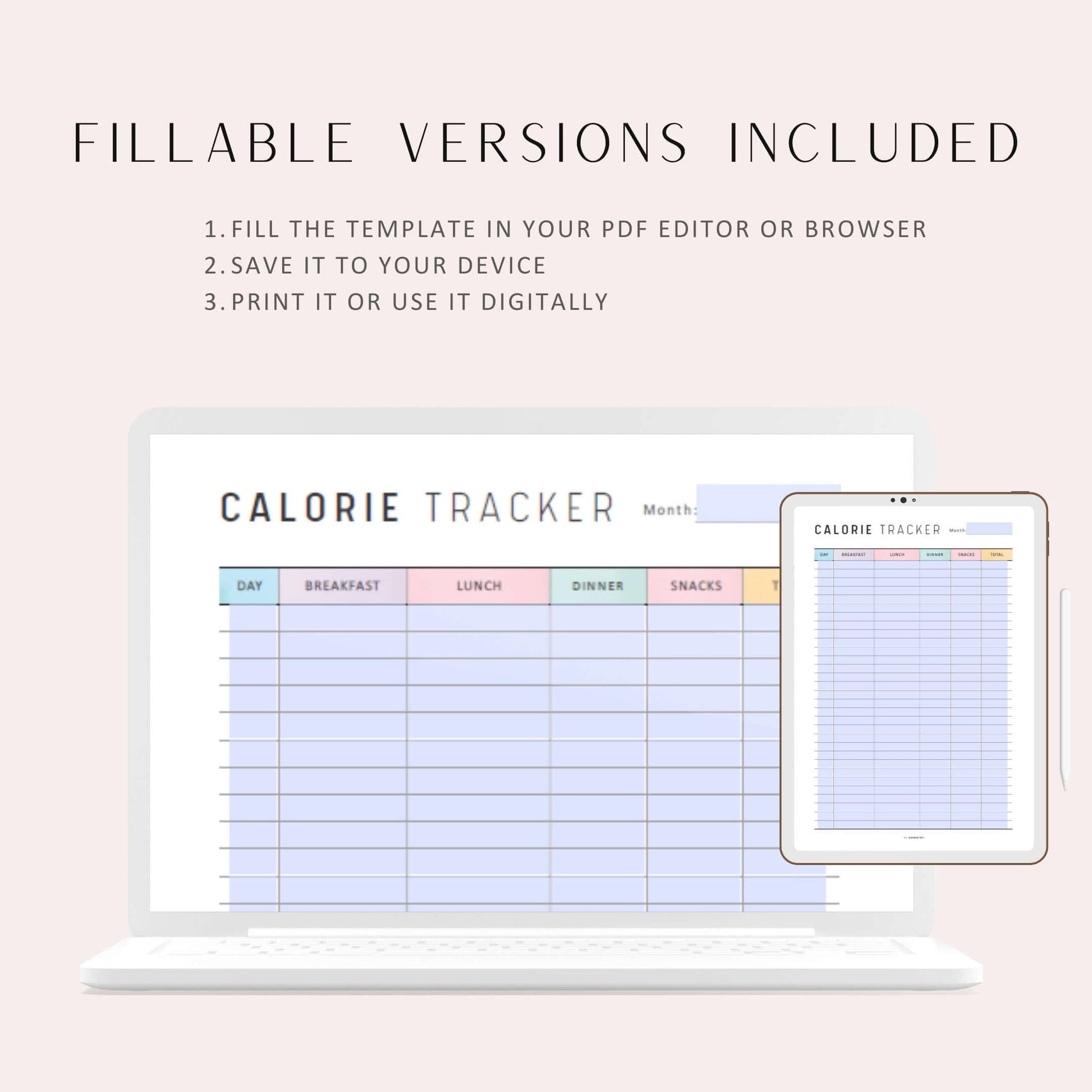 Food Calorie Tracker Printable, Digital Calorie Counter Tracker, Fillable Daily Food Journal, A4, A5, Letter, Half Letter, Colorful Planner