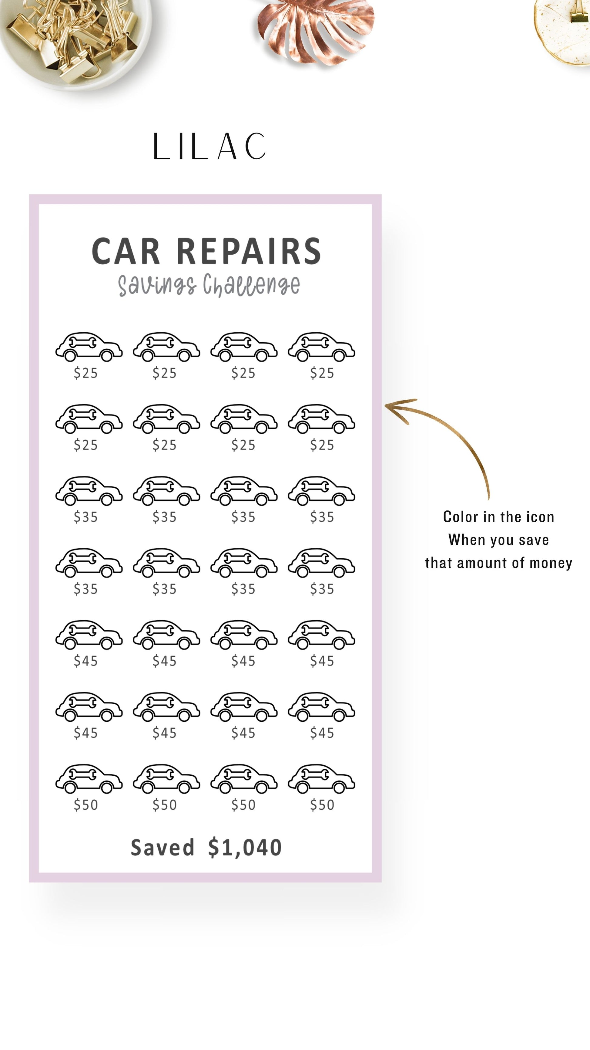 Lilac Car Repair Fund Mini Savings Challenge