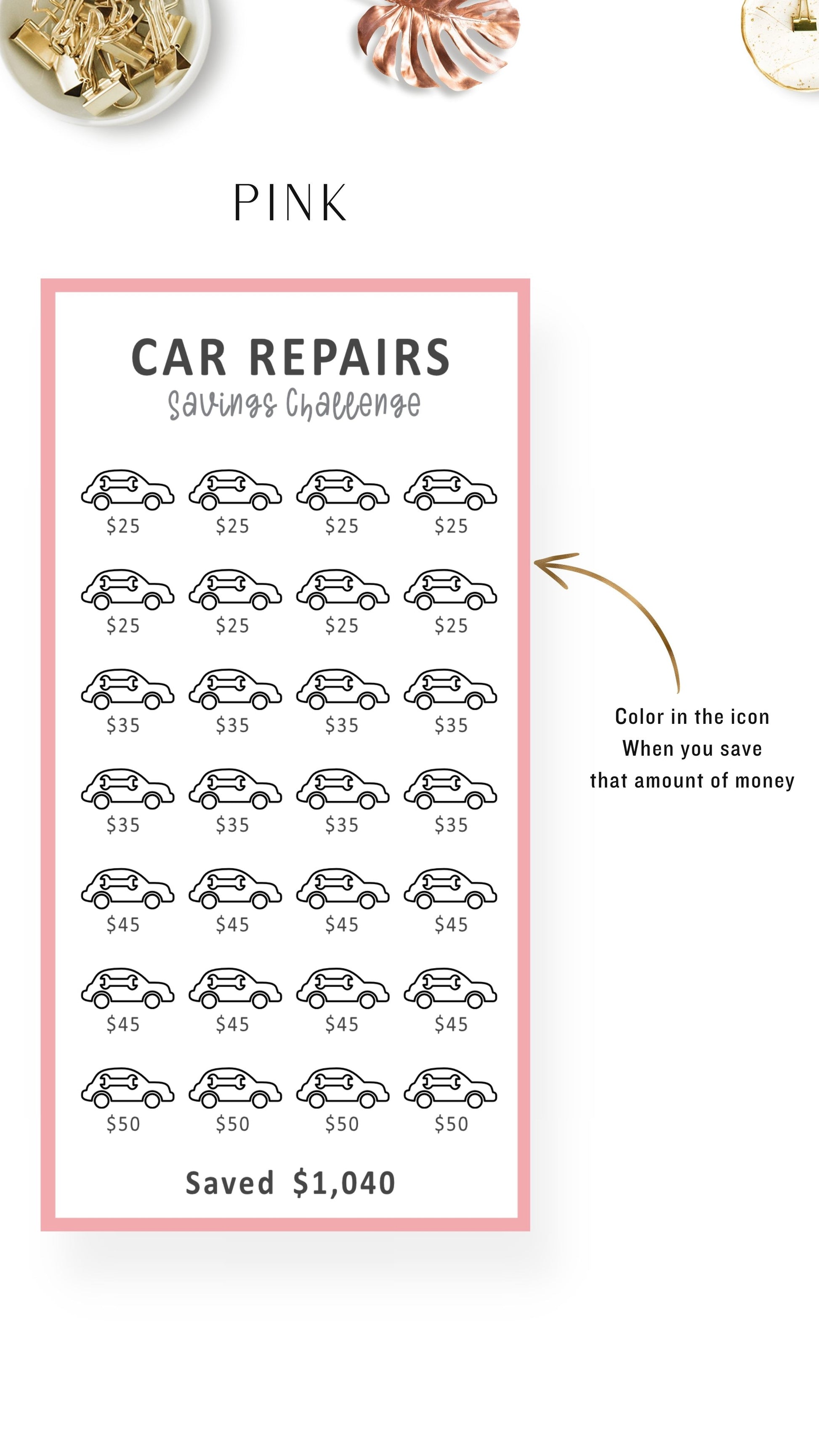 Pink A6 Mini Savings Challenge Car Maintenance Fund
