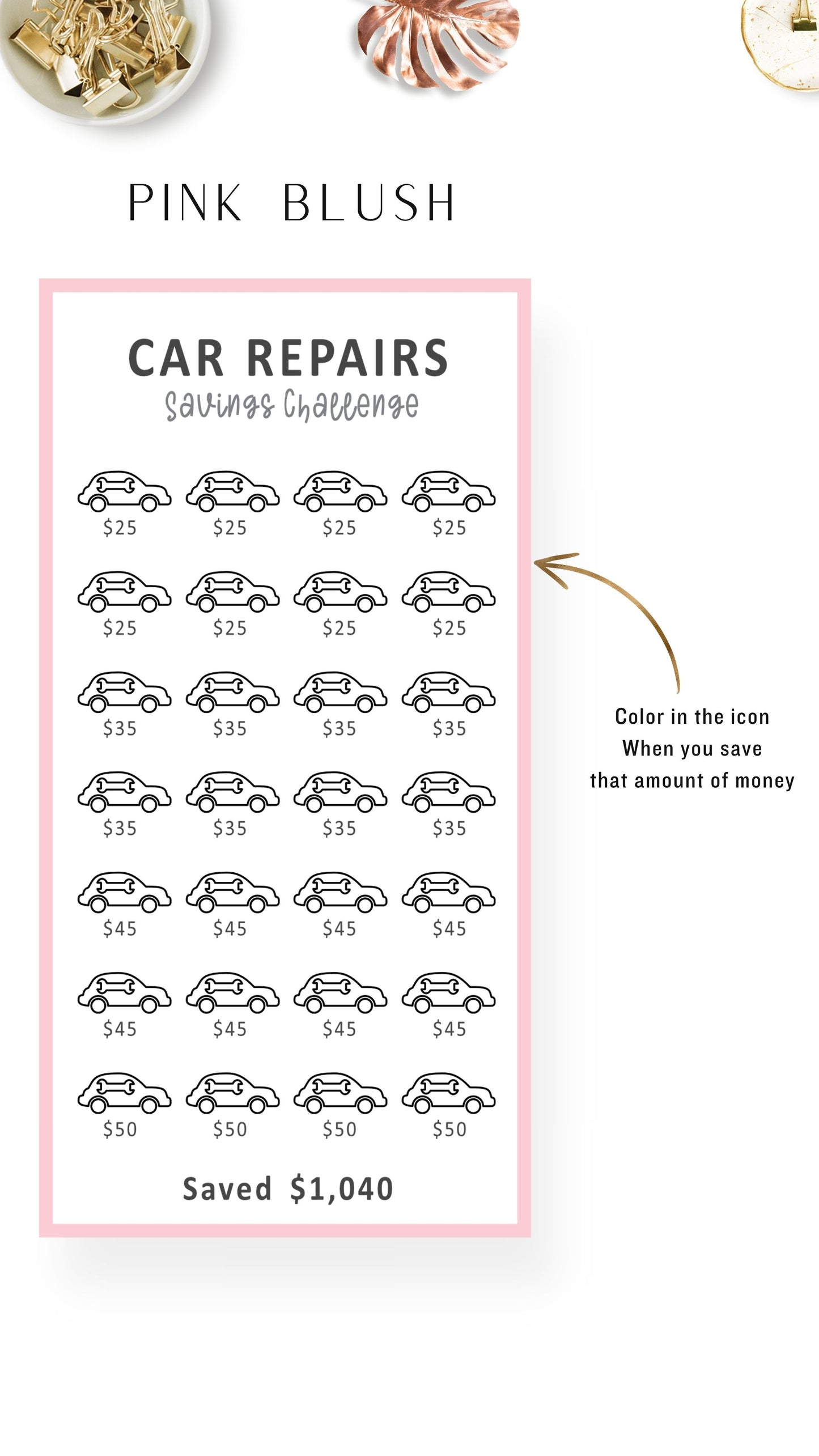 Pink Blush A6 Mini Savings Challenge Car Maintenance Fund