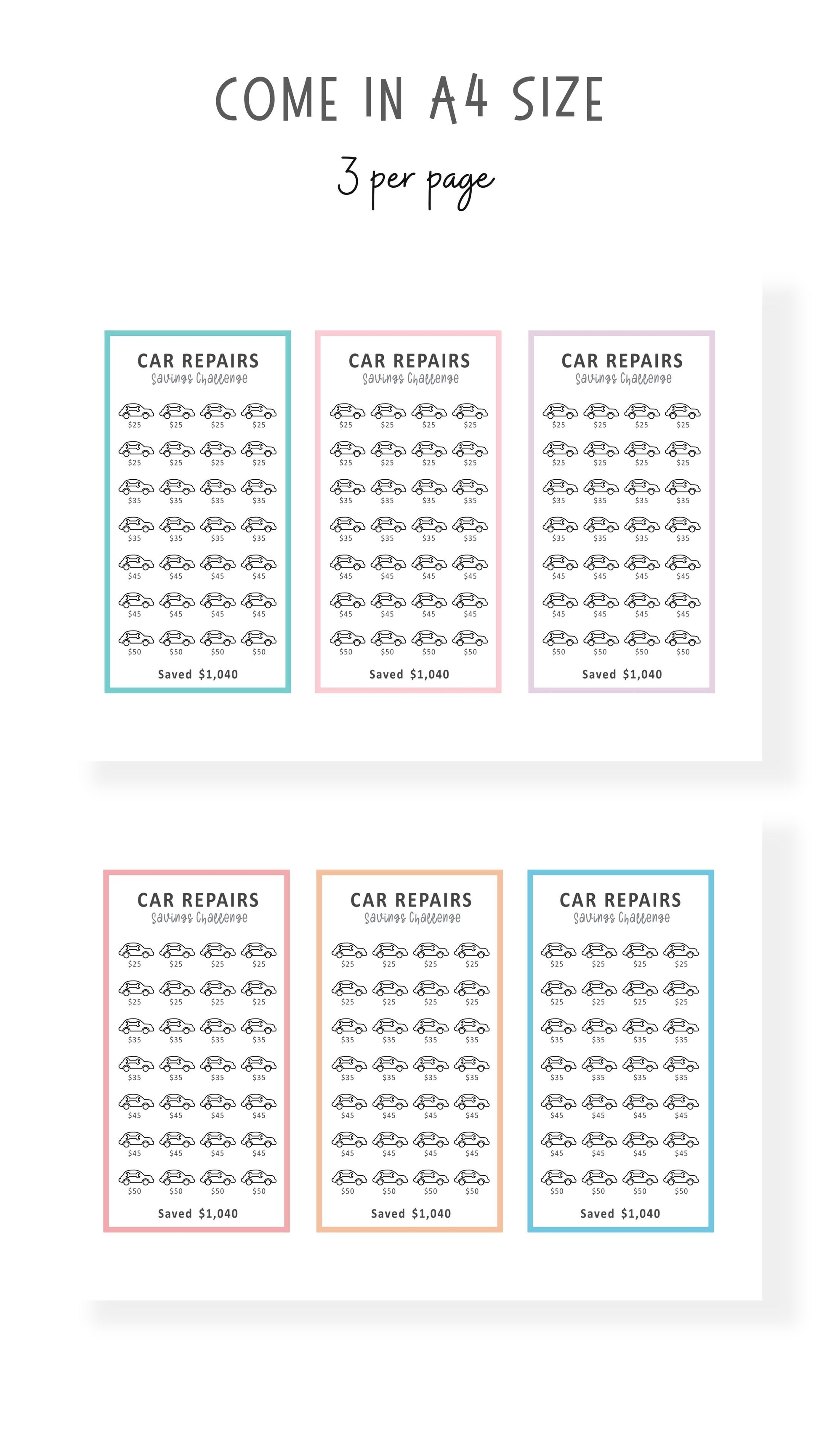 Colorful A6 Mini Savings Challenge Car Maintenance Fund Printable