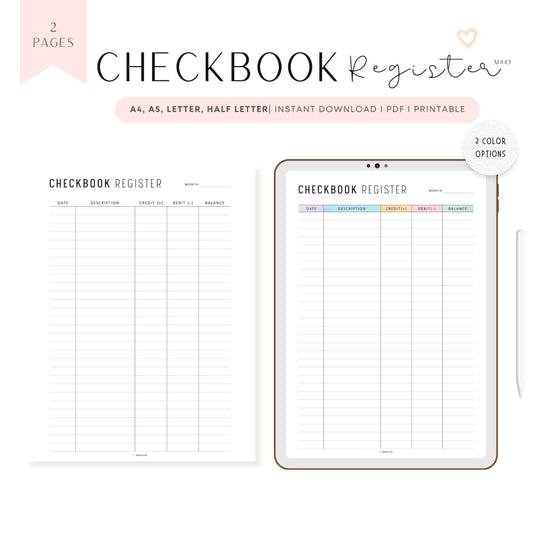 Checkbook Register Printable, Minimalist and Colorful Page, A4, A5, Letter, Half Letter