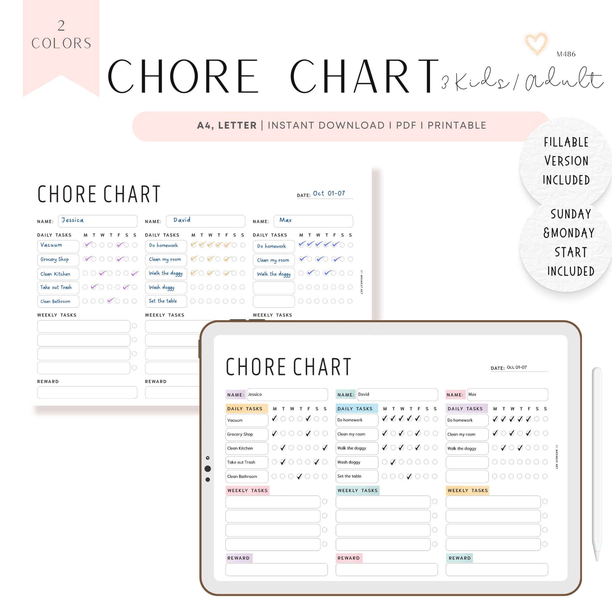 Weekly Chore Chart for 3 Kids or Adults, Printable, Digital, Fillable version, Sunday & Monday Start, PDF