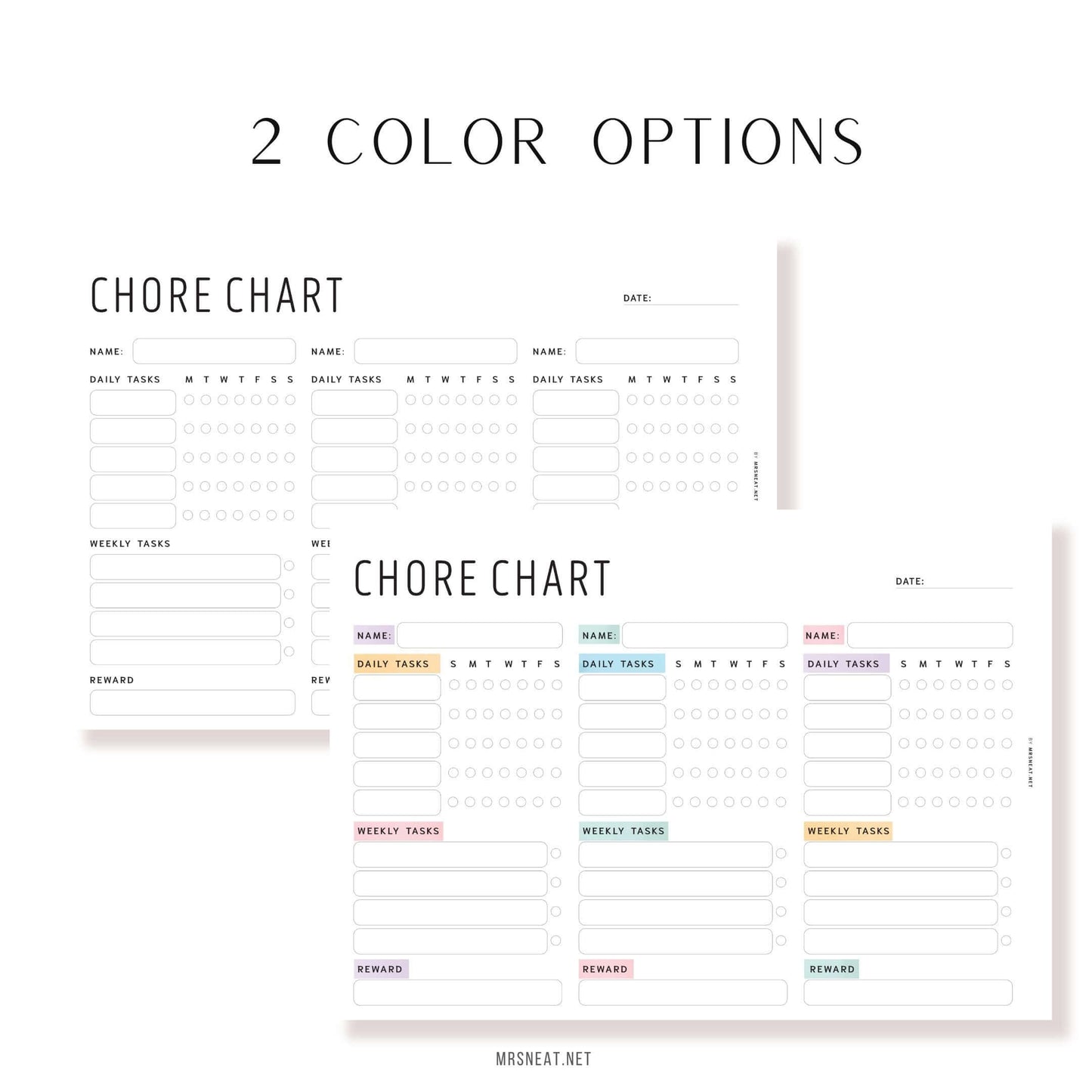 Weekly Chore Chart for 3 Kids or Adults, Printable, Digital, Fillable version, Sunday & Monday Start, PDF, 2 Color options