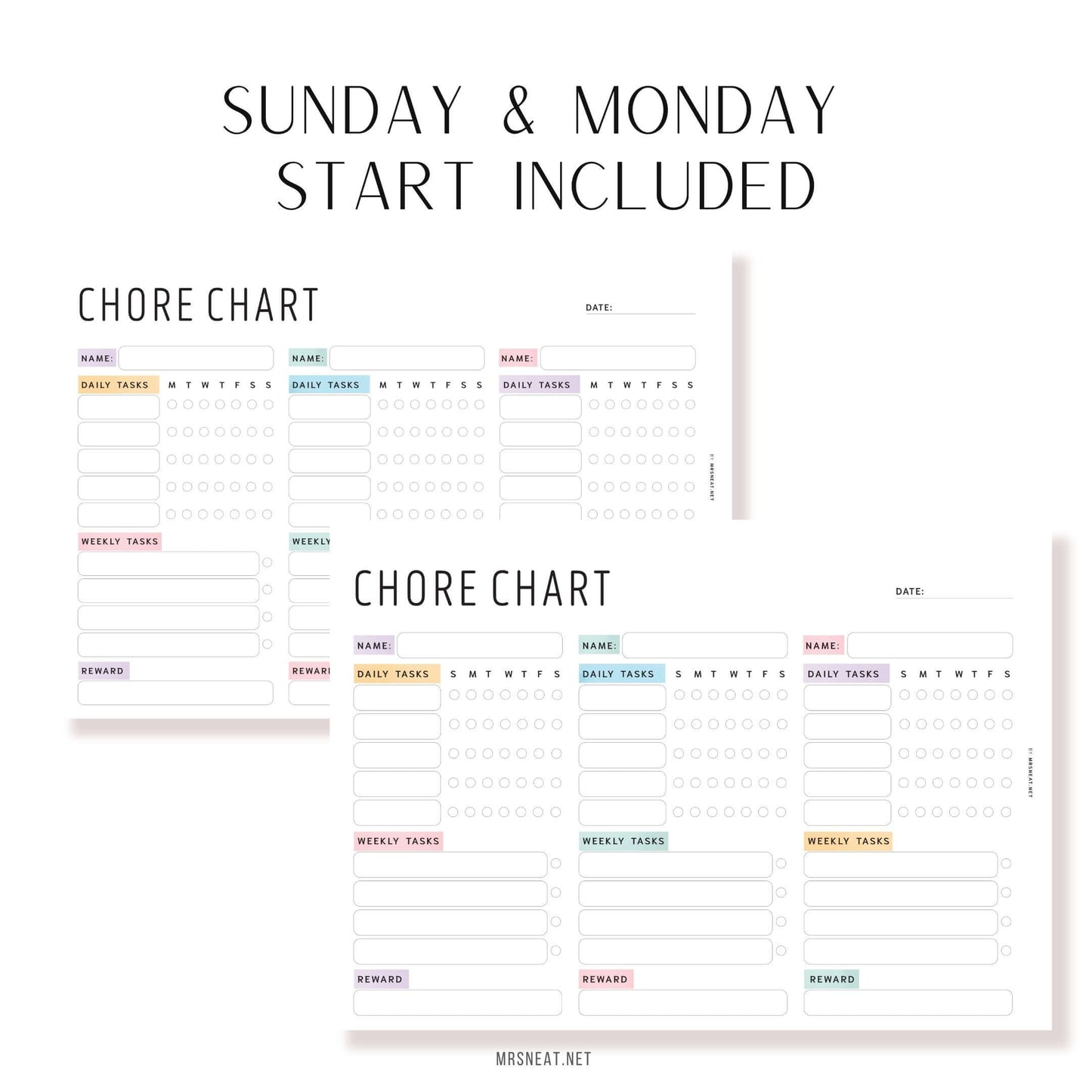 Digital Weekly Chore Chart for 3 Kids or Adults, Printable Planner, Digital, Fillable version, Sunday & Monday Start, PDF