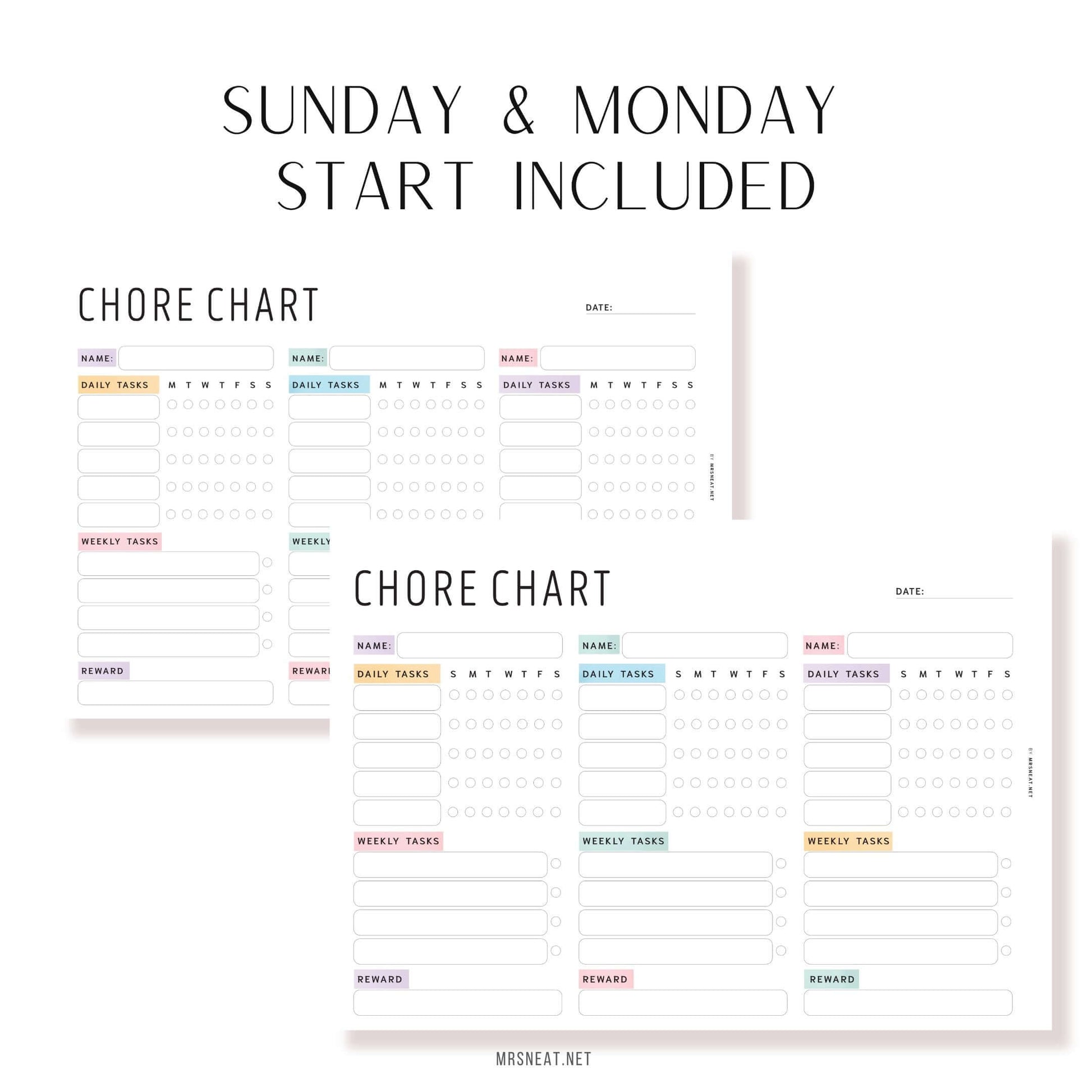 Digital Weekly Chore Chart for 3 Kids or Adults, Printable Planner, Digital, Fillable version, Sunday & Monday Start, PDF