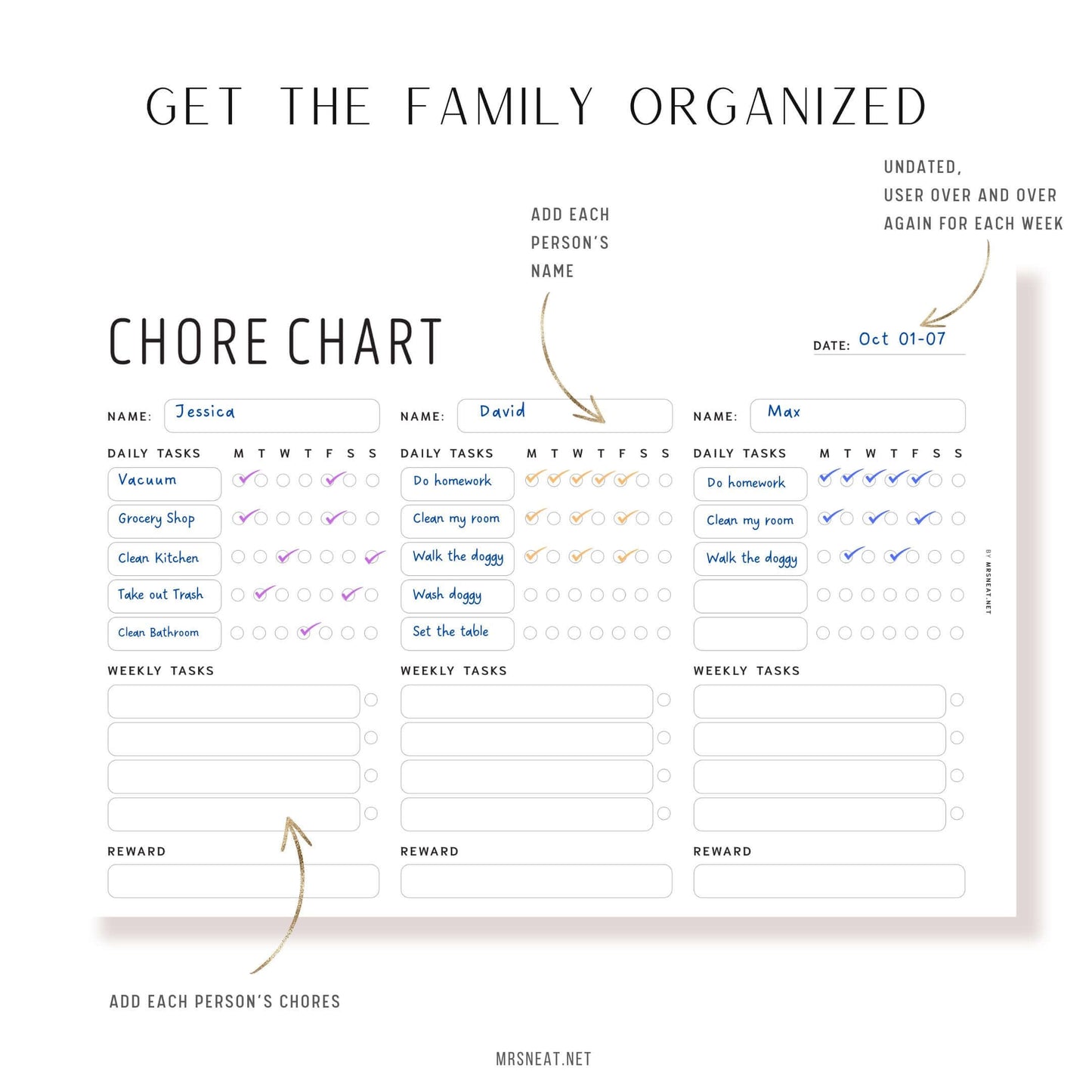 Minimalist Weekly Chore Chart for 3 Kids or Adults, Printable, Digital, Fillable version, Sunday & Monday Start, PDF