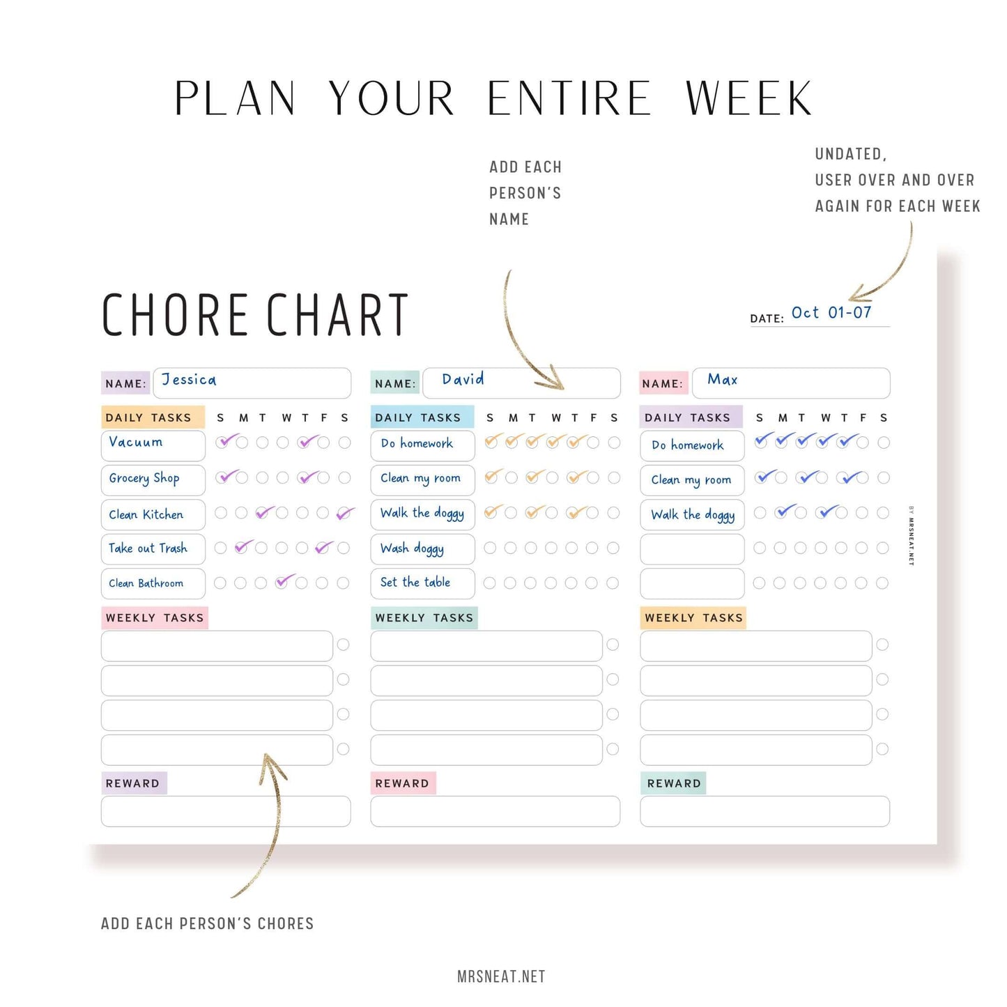 Colorful Weekly Chore Chart for 3 Kids or Adults, Printable, Digital, Fillable version, Sunday & Monday Start, PDF