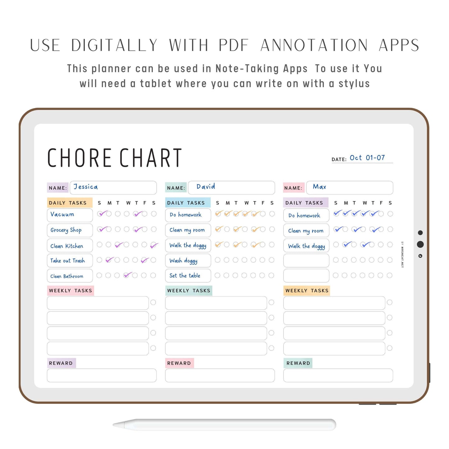 Digital Weekly Chore Chart for 3 Kids or Adults, Printable Planner, Fillable version, Sunday & Monday Start, PDF