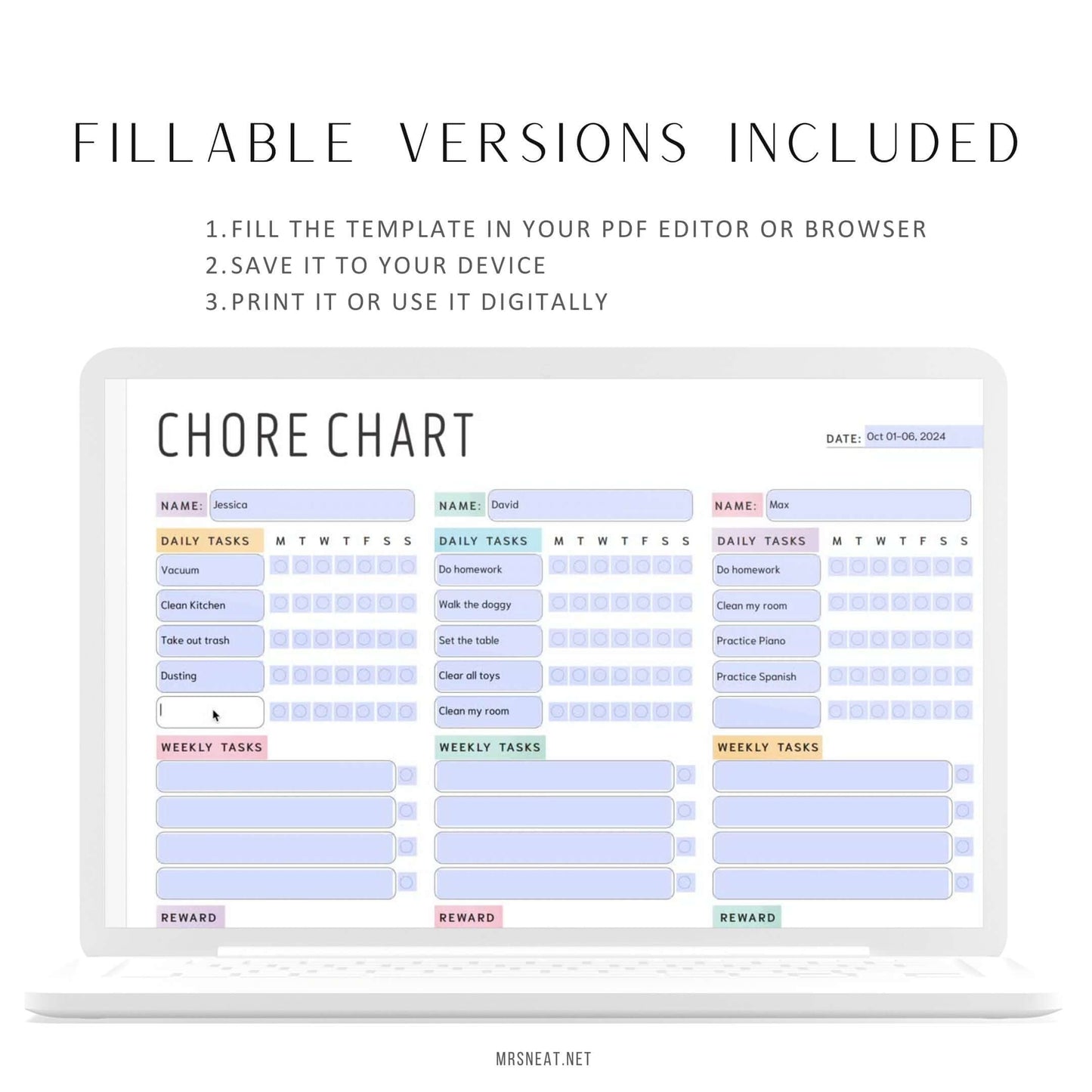 Weekly Chore Chart for 3 Kids or Adults, Printable Digital, Fillable version, Sunday & Monday Start, Editable PDF