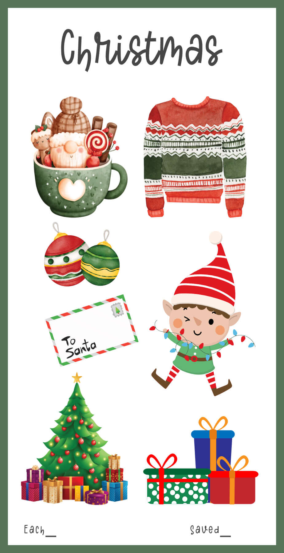 Beautiful and Cute Christmas Savings Challenge Printable, A6, PDF, 3 Versions, Red, Green, Gold, Instant Download