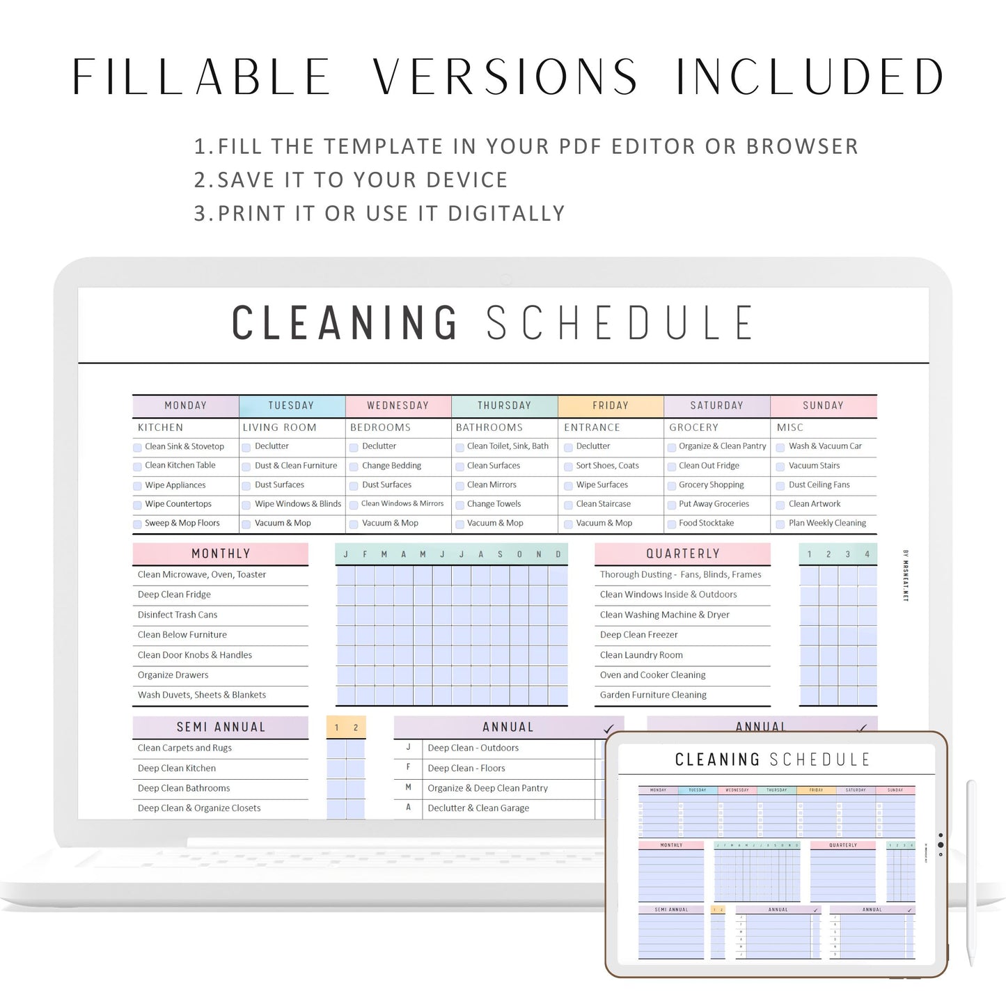 Colorful Cleaning Schedule Template, Fillable Cleaning Checklist Printable, Weekly Cleaning Plan, Home Cleaning Plan, 2 versions, A4, Letter