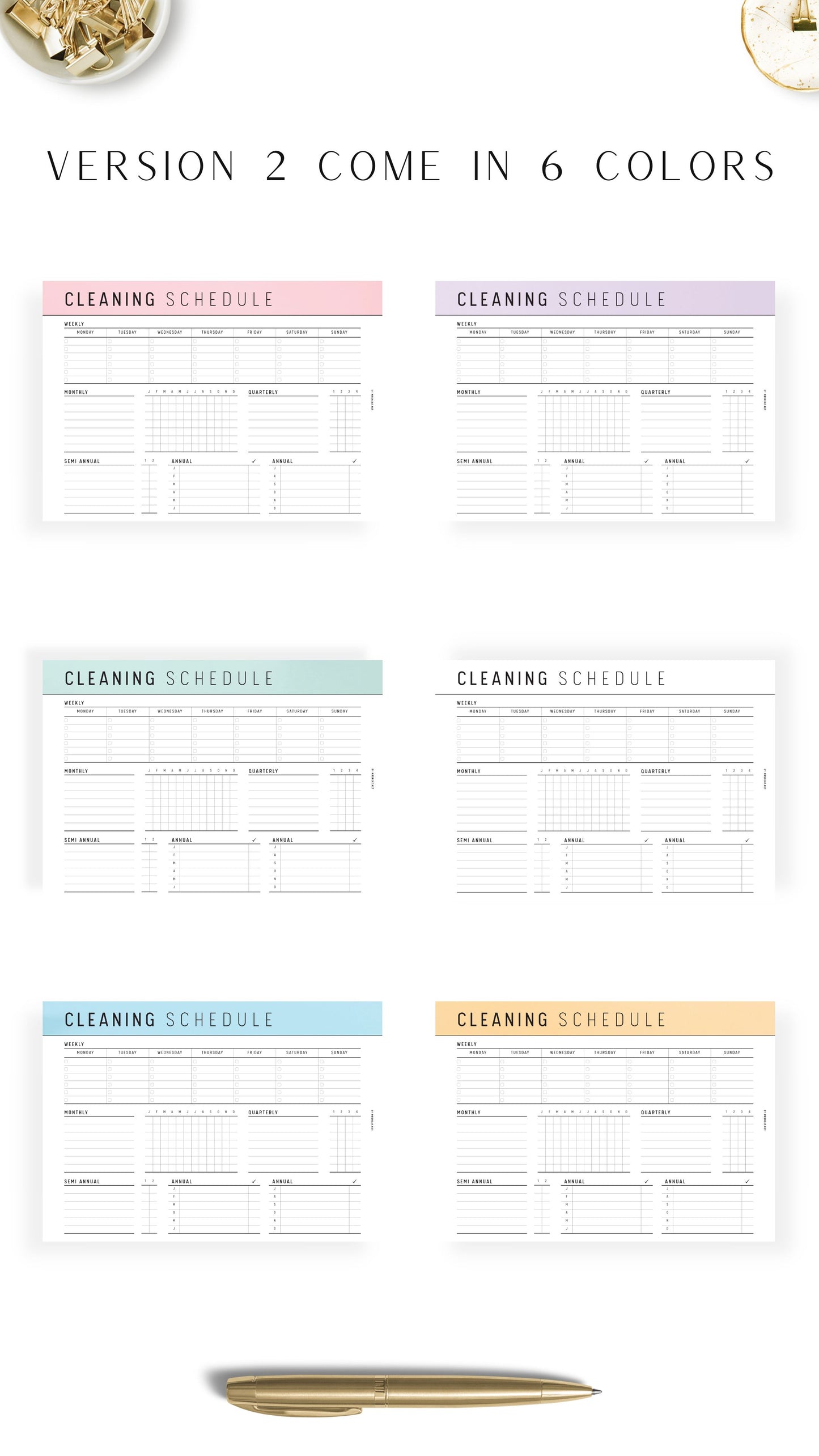 6 colors Printable Cleaning Schedule Template PDF