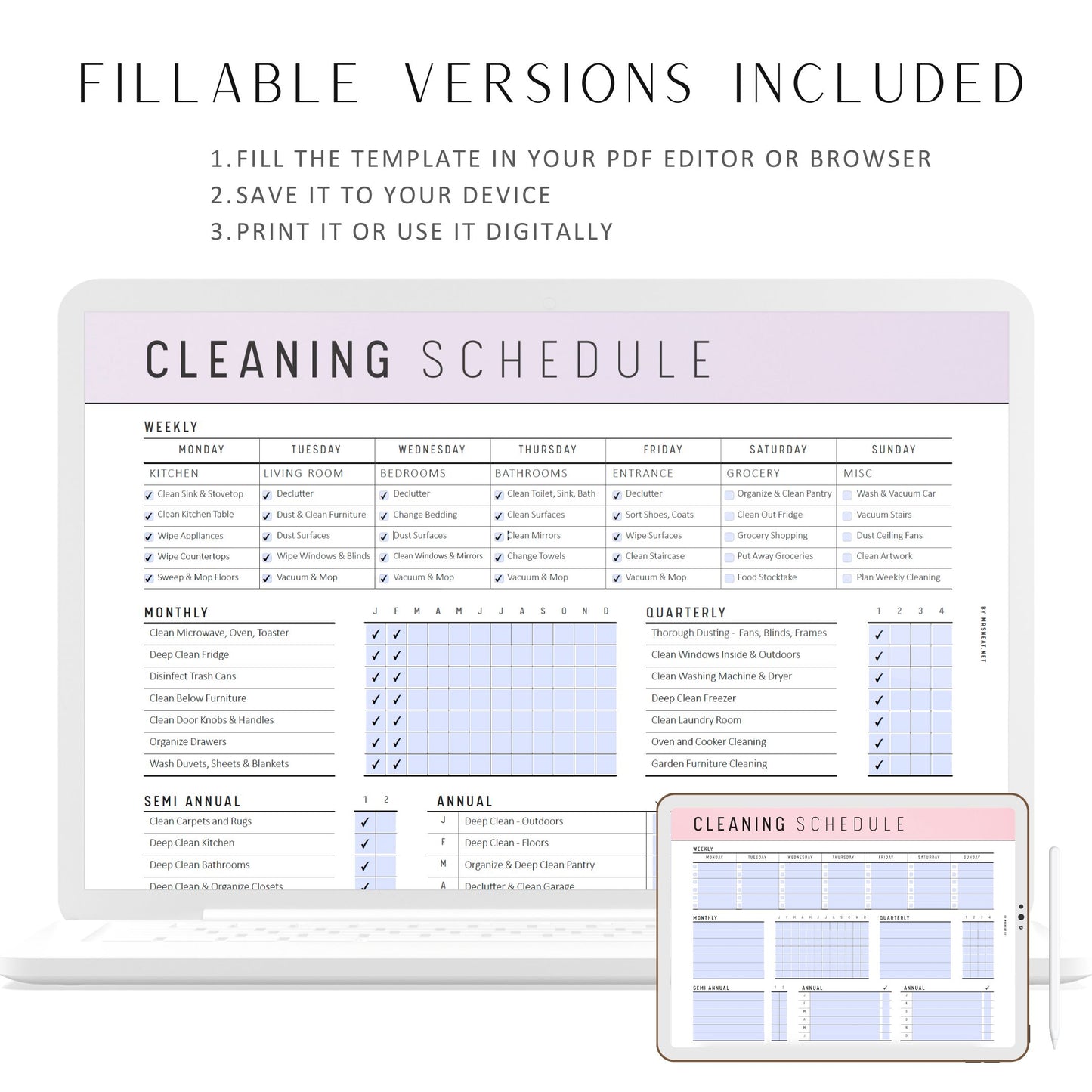 Printable Cleaning Schedule Template PDF, 6 colors, 2 versions, A4, Letter, PDF Fillable, Digital Planner, Printable Planner