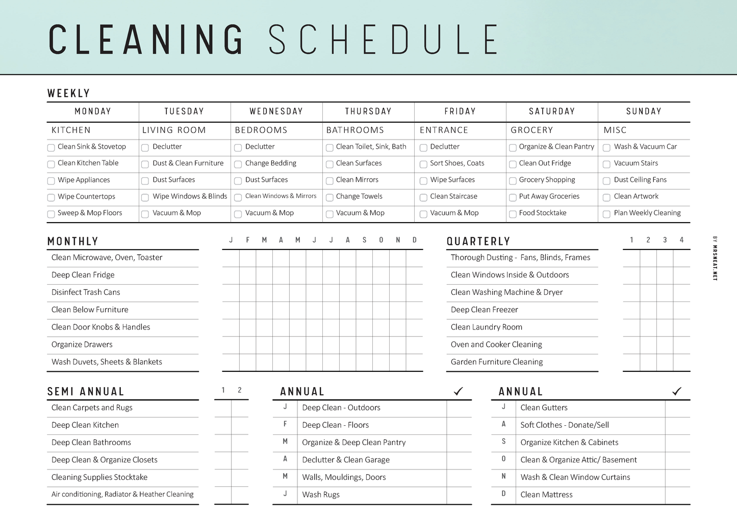 Cleaning schedule with tasks listed for weekly, monthly, semi-annual, and annual cleaning.
