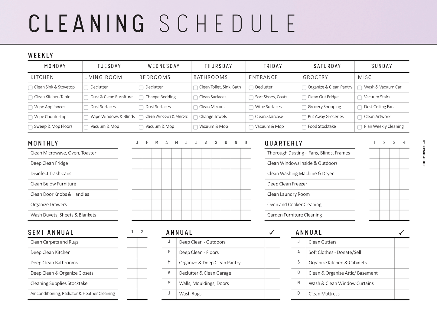 Cleaning schedule with tasks listed for weekly, monthly, semi-annual, and annual intervals.