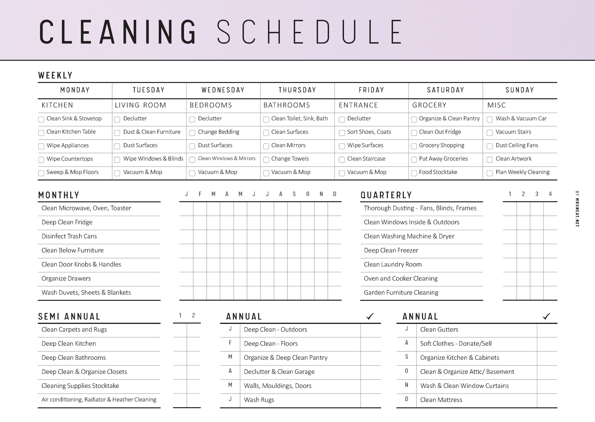 Cleaning schedule with tasks listed for weekly, monthly, semi-annual, and annual intervals.