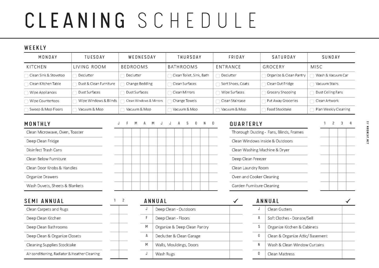 Cleaning schedule with weekly, monthly, quarterly, semi-annual, and annual tasks listed.