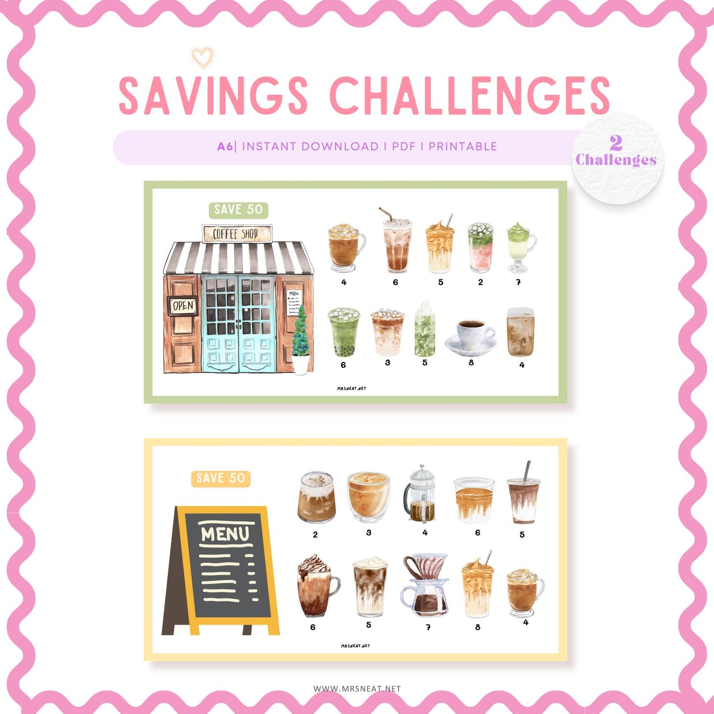 Coffee Fund Savings Challenge, Tiny Mini Savings Challenge, 2 Challenges, A6, Printable, Digital Download, Budget Tracker, Savings Tracker, Money Tracker, Fun Mini Game, Cash Stuffing, Low Income Savings Challenge, Low income budget tracker
