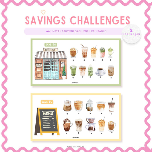 Coffee Fund Savings Challenge, Tiny Mini Savings Challenge, 2 Challenges, A6, Printable, Digital Download, Budget Tracker, Savings Tracker, Money Tracker, Fun Mini Game, Cash Stuffing, Low Income Savings Challenge, Low income budget tracker
