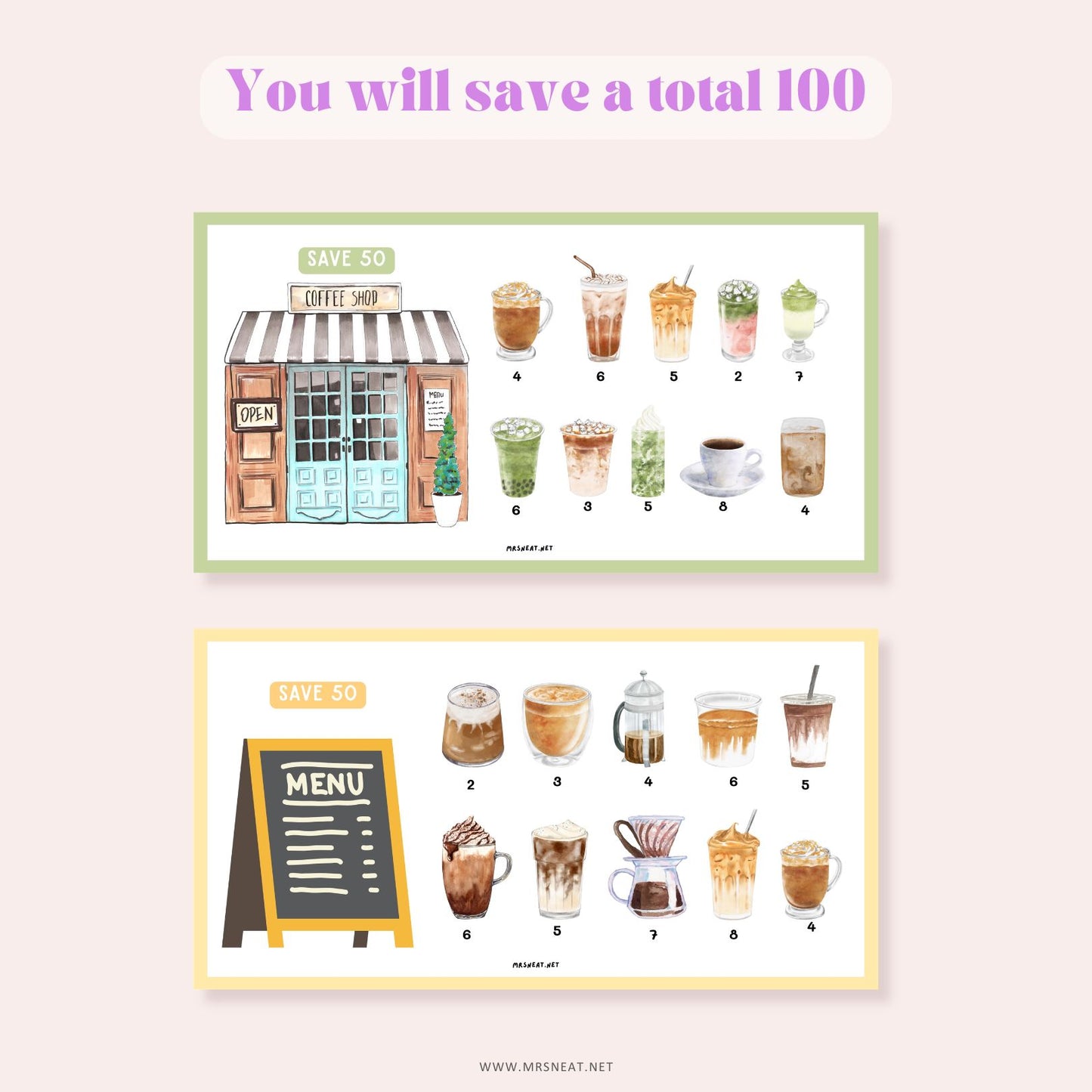 Coffee Fund Savings Challenge, Tiny Mini Savings Challenge, 2 Challenges, A6, Printable, Digital Download, Budget Tracker, Savings Tracker, Money Tracker, Fun Mini Game, Cash Stuffing, Low Income Savings Challenge, Low income budget tracker