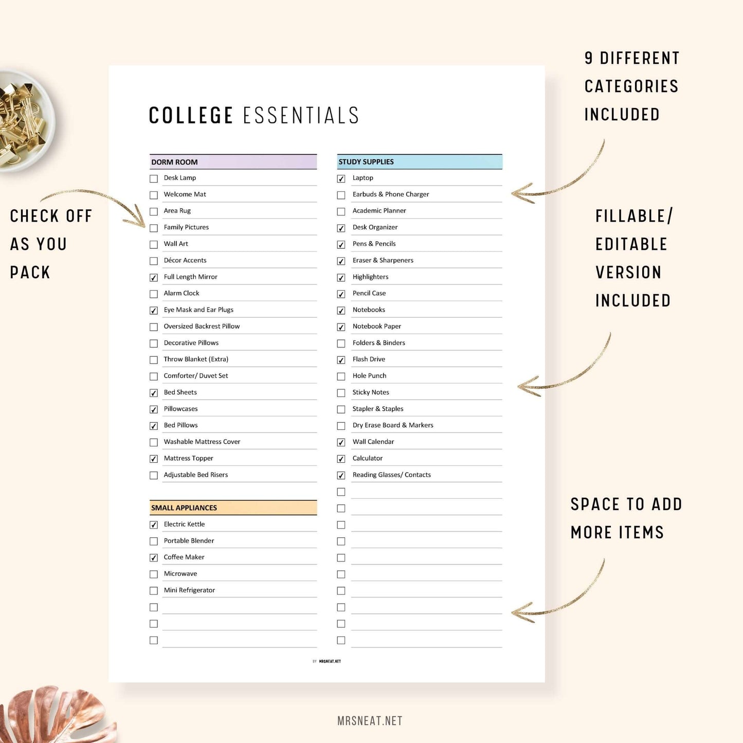 Editable College Dorm Essentials Checklist Printable for Freshman Girl 