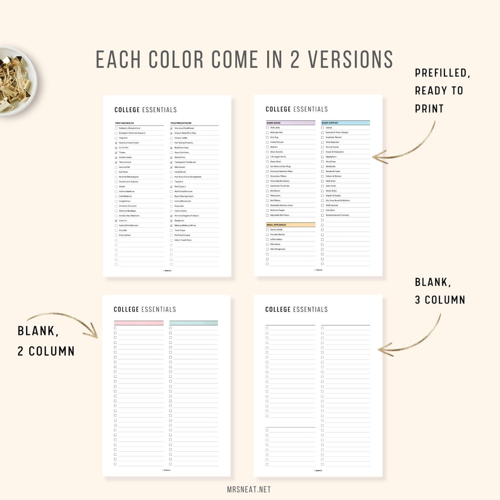 College Dorm Essentials Checklist PDF - M473 – mrsneat