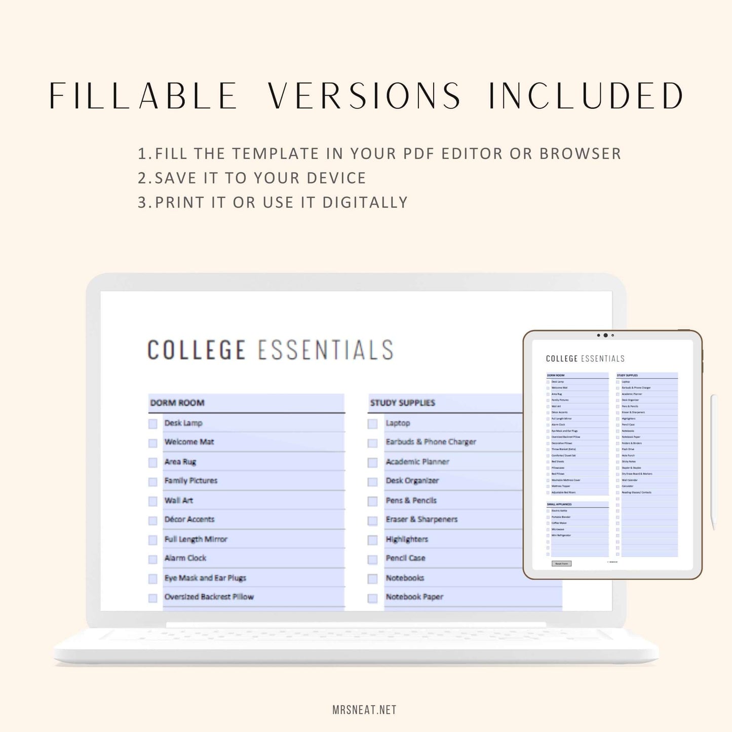 Fillable & Editable College Dorm Essentials Checklist Printable for Freshman