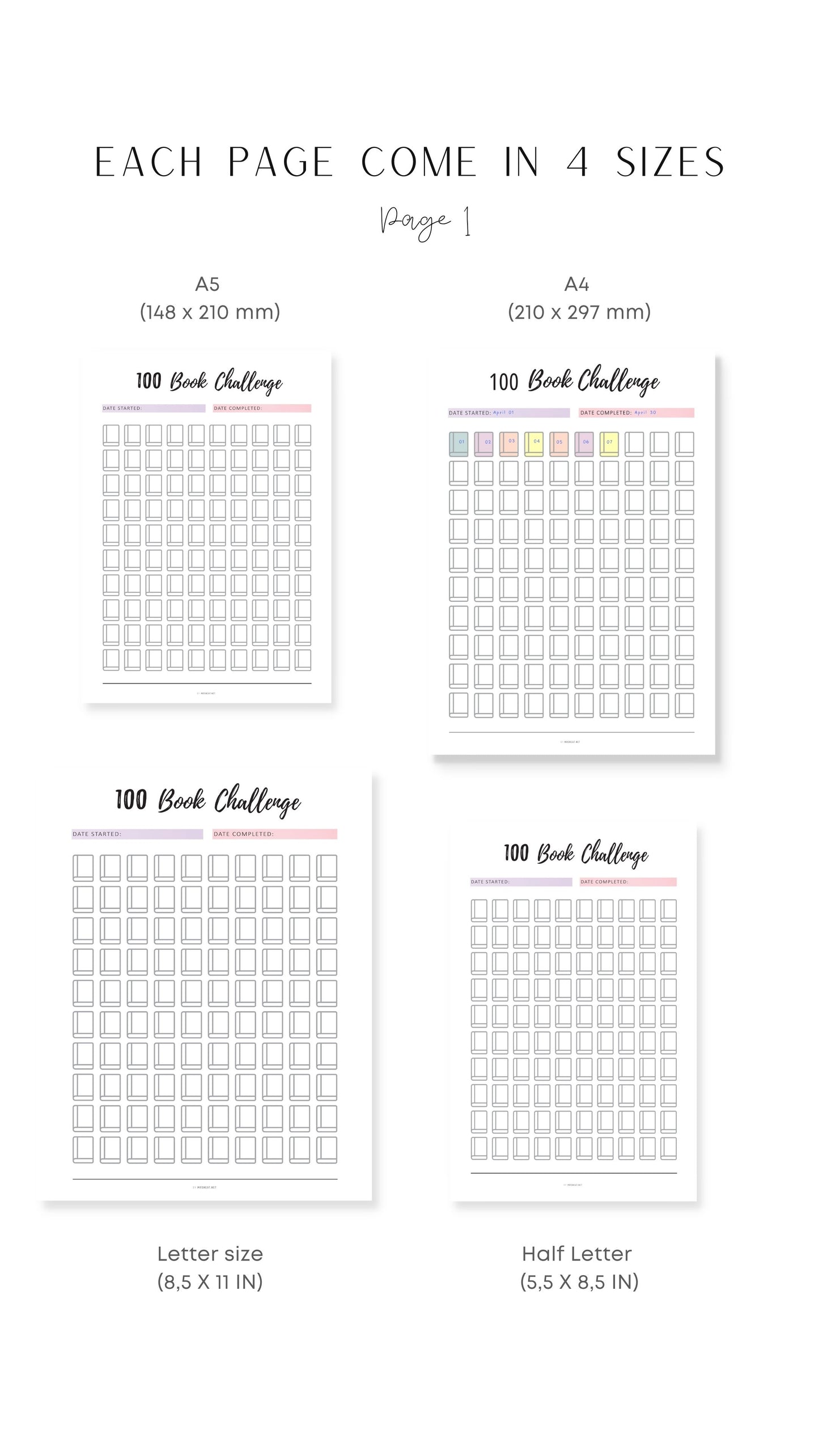 A4, A5, Letter, Half Letter 100 Book Challenge Template Printable