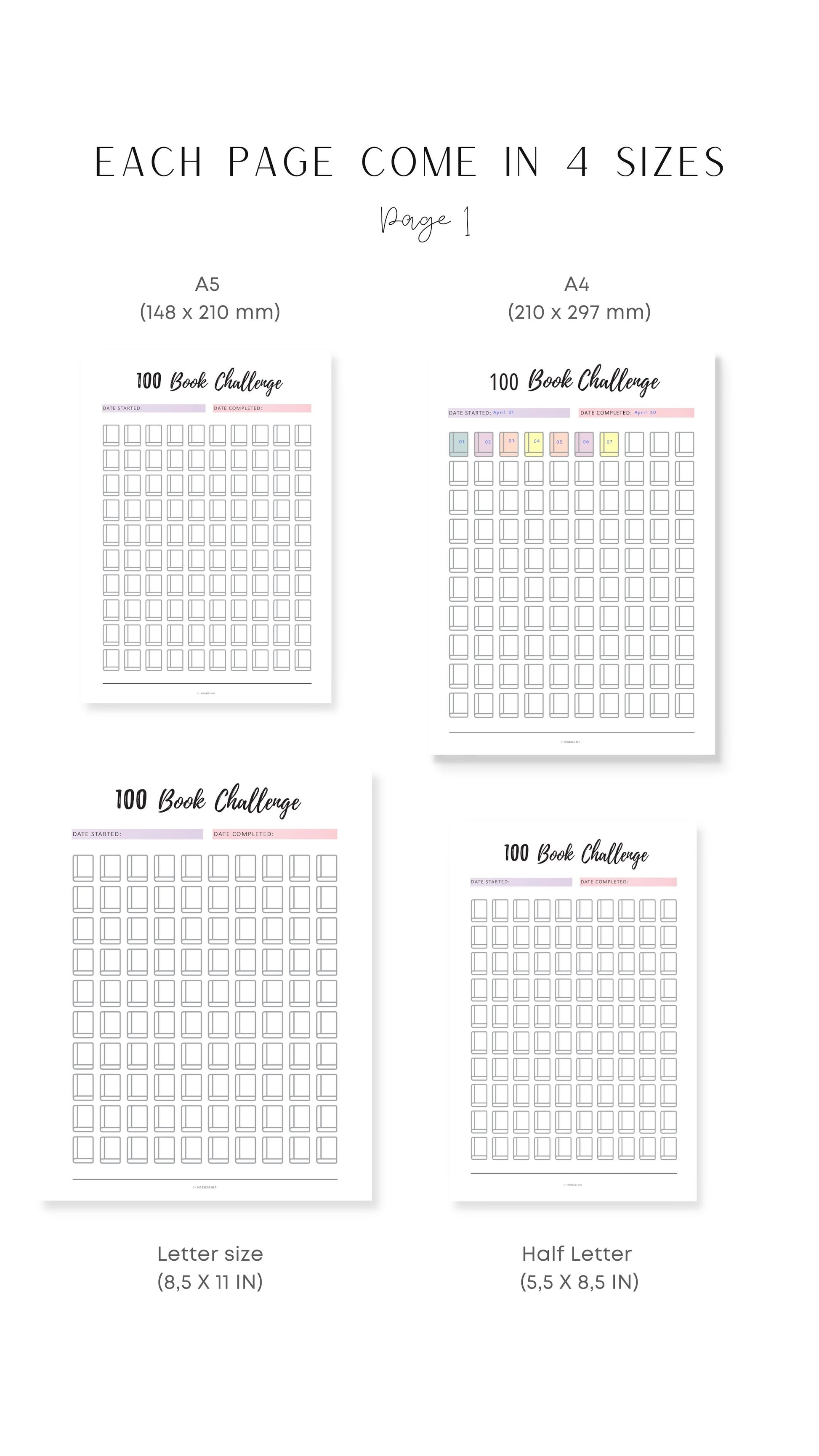 A4, A5, Letter, Half Letter 100 Book Challenge Template Printable