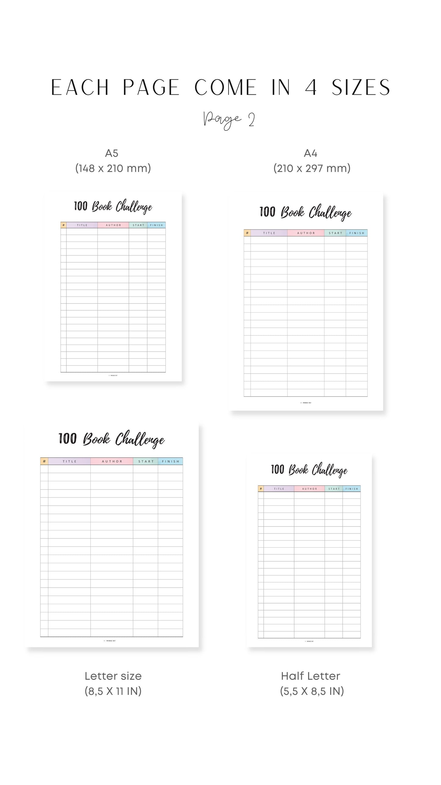 Colorful A4, A5, letter, Half Letter 100 Book Challenge Template