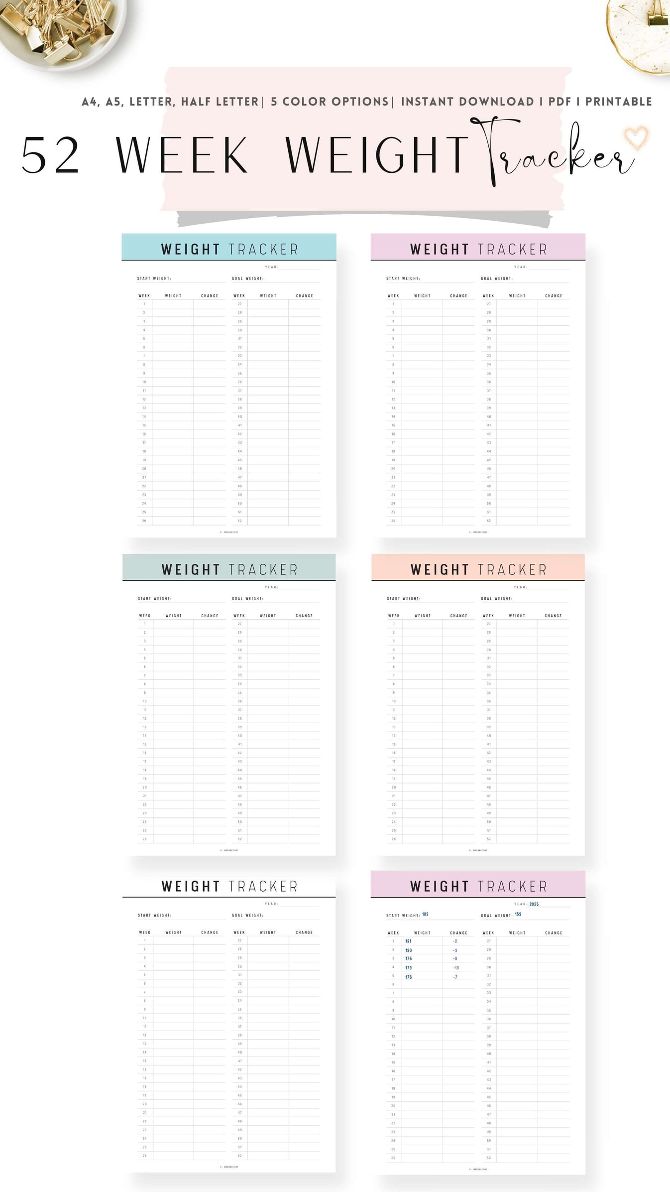 52 Week Weight Loss Tracker Printable – mrsneat