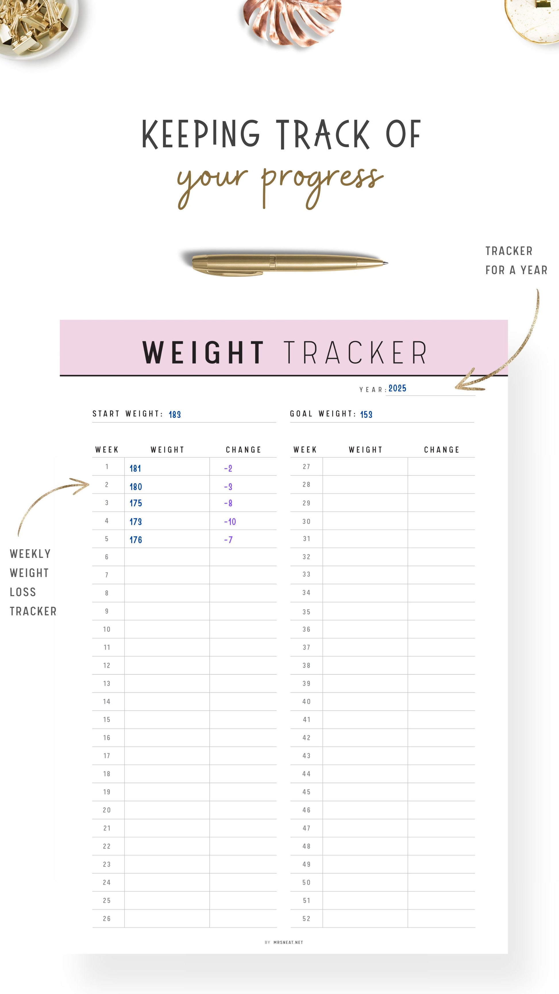 Pink 52 Week Weight Loss Tracker Printable