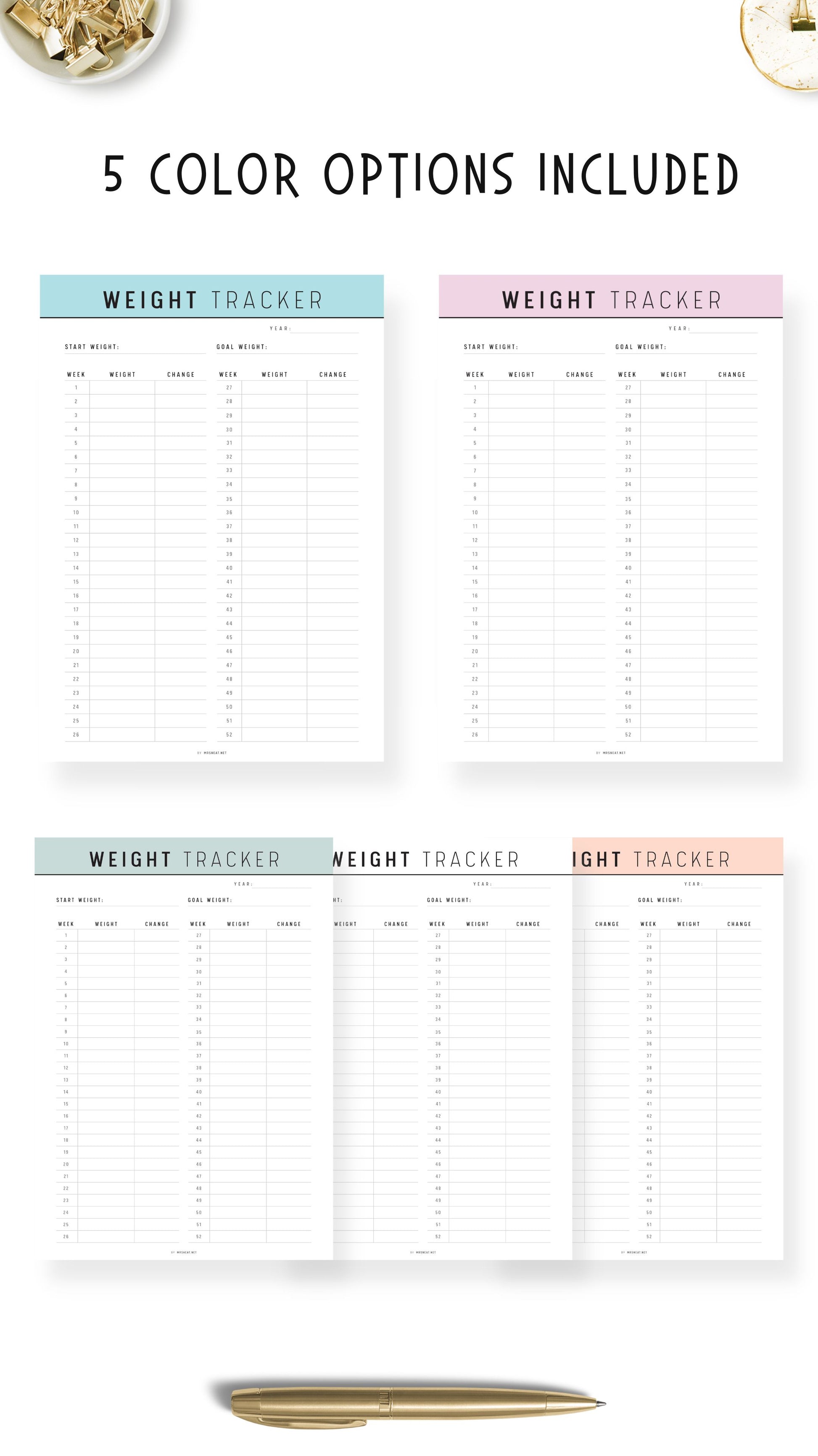 5 colors 52 Week Weight Loss Tracker Printable
