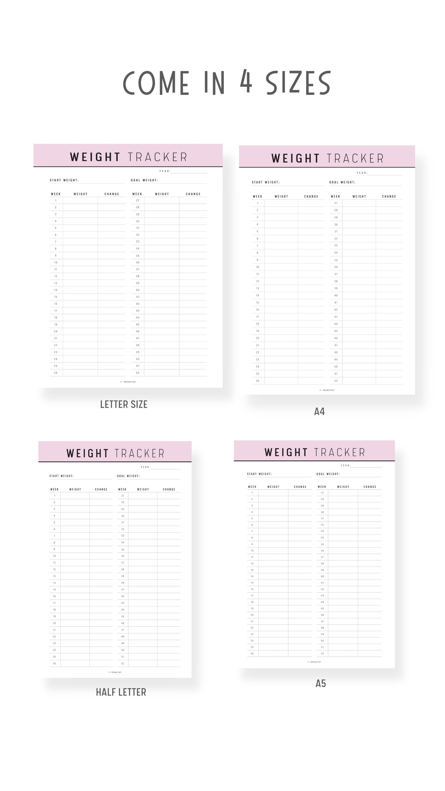 A4, A5, Letter, Half Letter 52 Week Weight Loss Tracker Printable
