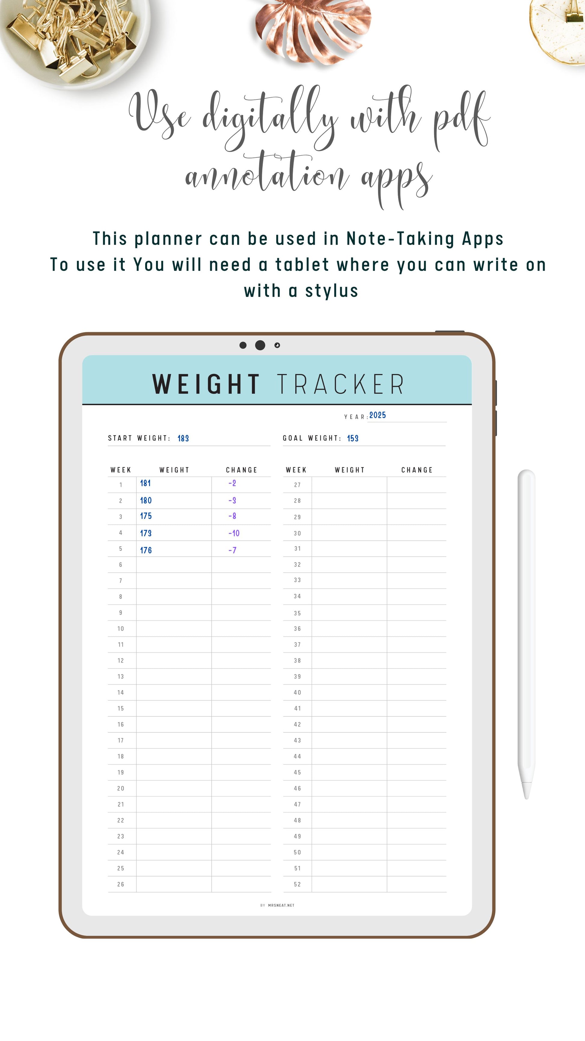 Digital 52 Week Weight Loss Tracker Template PDF