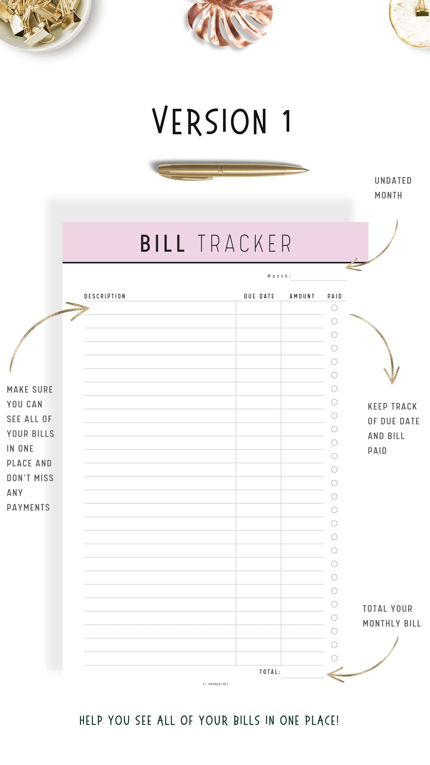 Version 1, Pink Bill Payment Tracker Printable