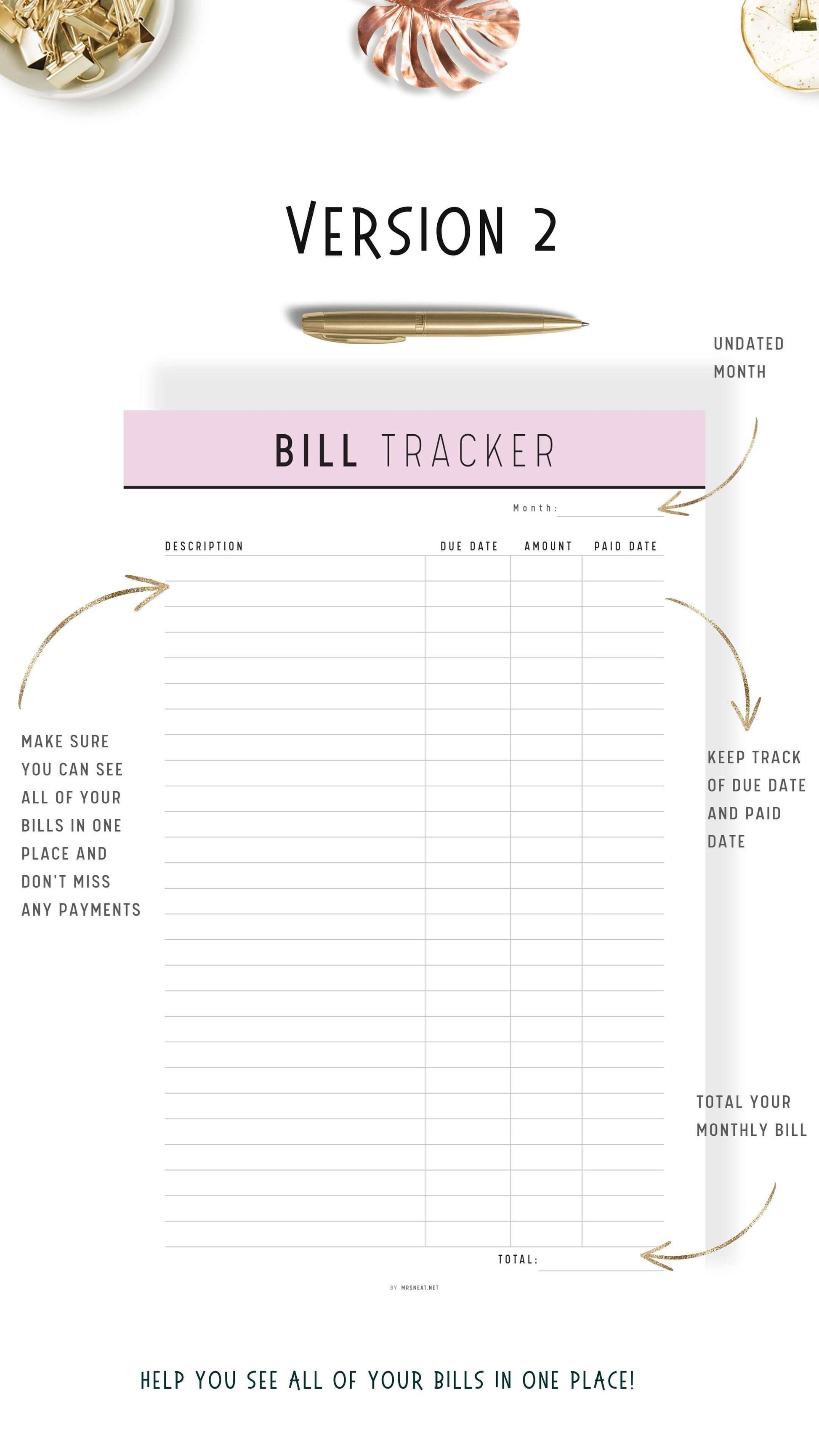 Version 2, Pink Bill Payment Tracker Printable