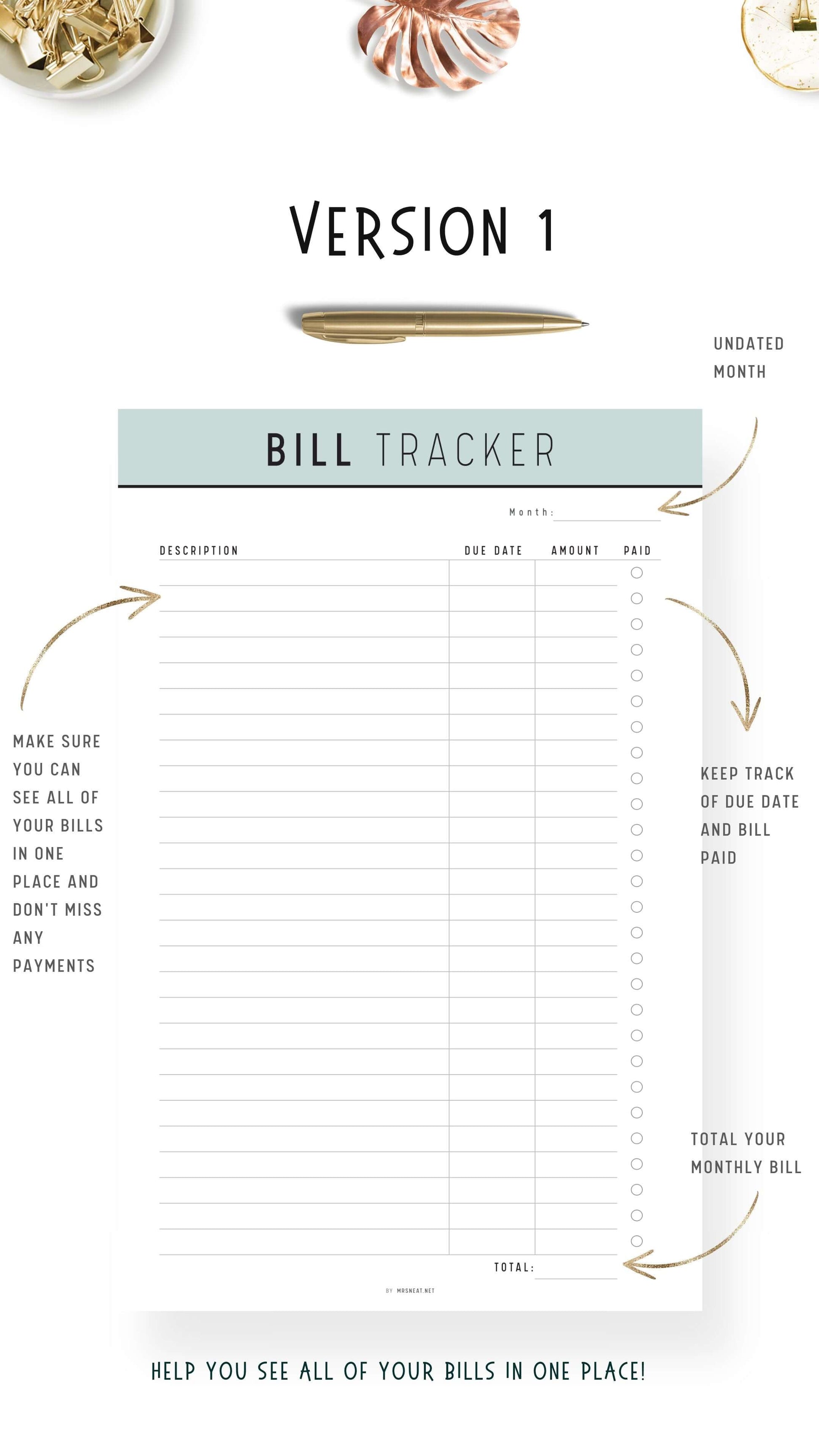 Green Bill Payment Tracker Printable