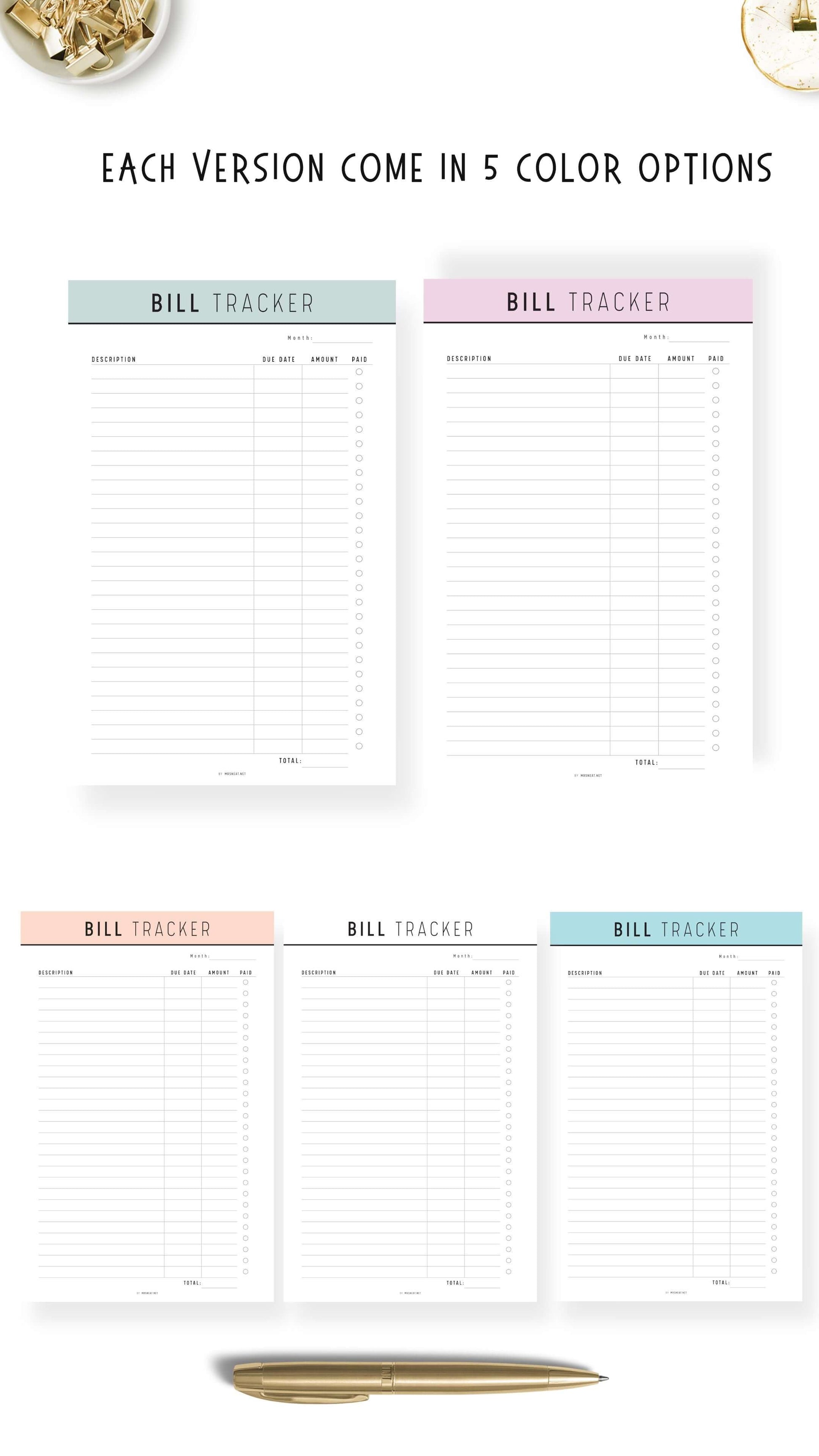 5 colors Bill Payment Tracker Printable