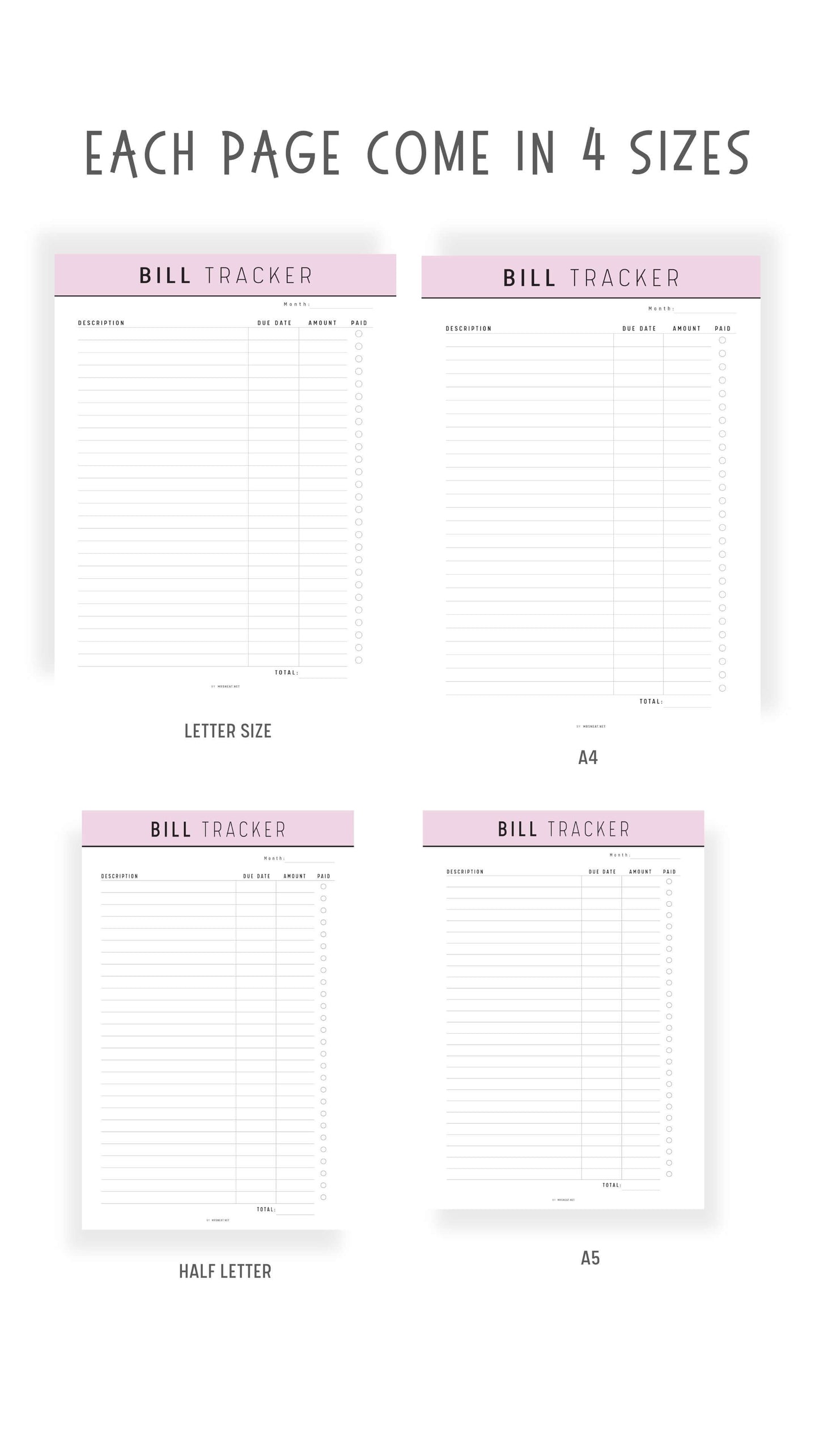 A4, A5, Letter, Half Letter Bill Payment Tracker Printable