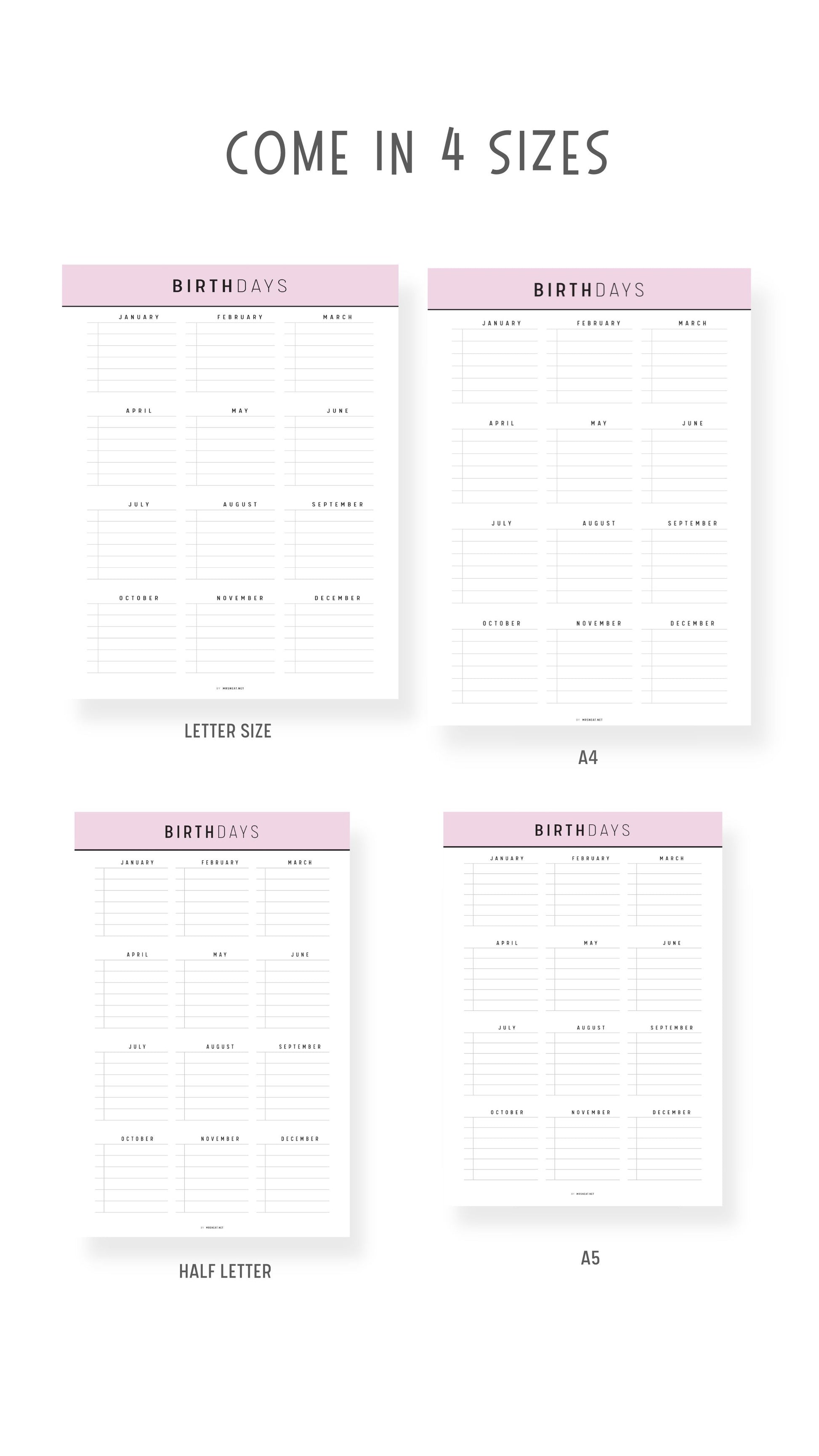 A4, A5, Letter, Half Letter Birthday Tracker Template Printable