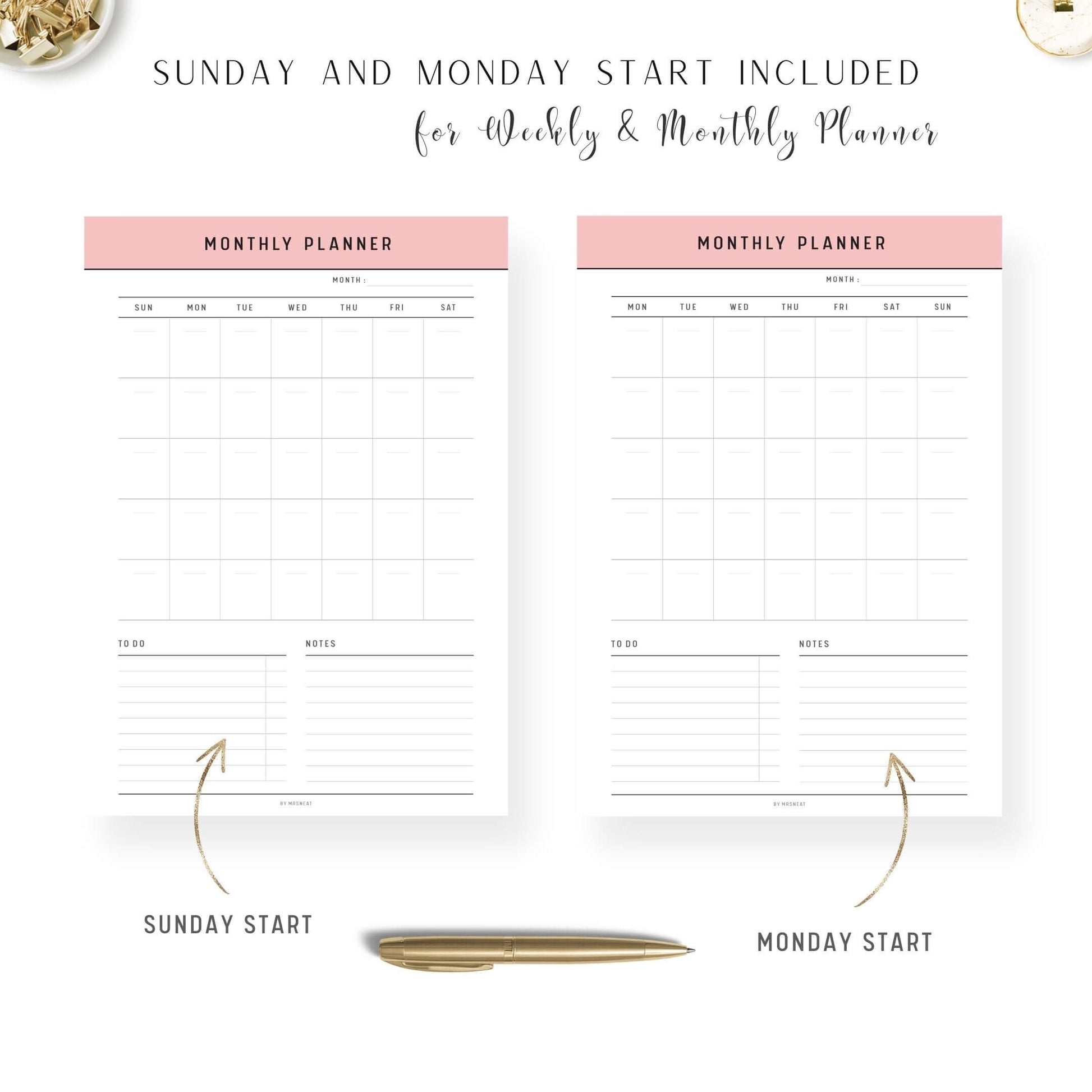 Sunday and Monday Start Daily Weekly Monthly Planner Printable