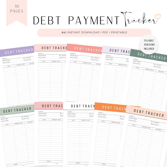 Debt Payment Tracker Template Printable, Digital Debt Tracker Planner, Printable Inserts, A4, A5, Letter, Half Letter, Debt Tracker PDF Fillable, 10 color options, Beautiful and colorful Debt Tracker Page