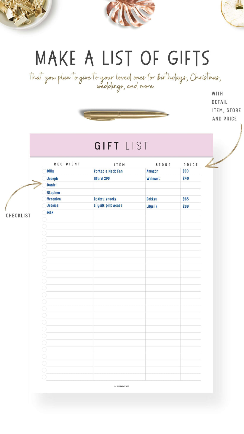 Gift List Template PRINTABLE - M275 – mrsneat