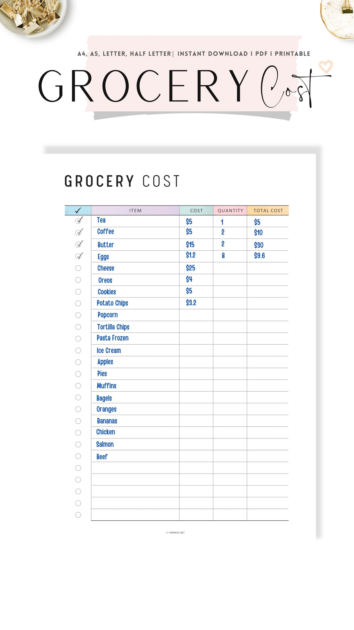 Colorful Grocery Budget Planner Printable