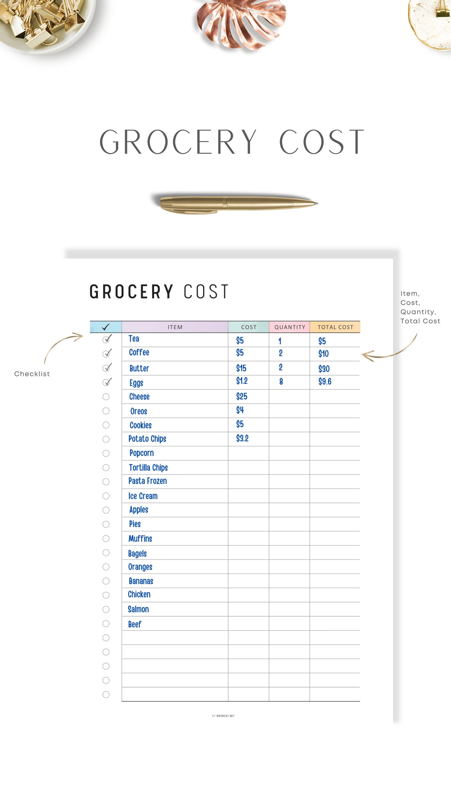 Grocery Cost List Planner Printable